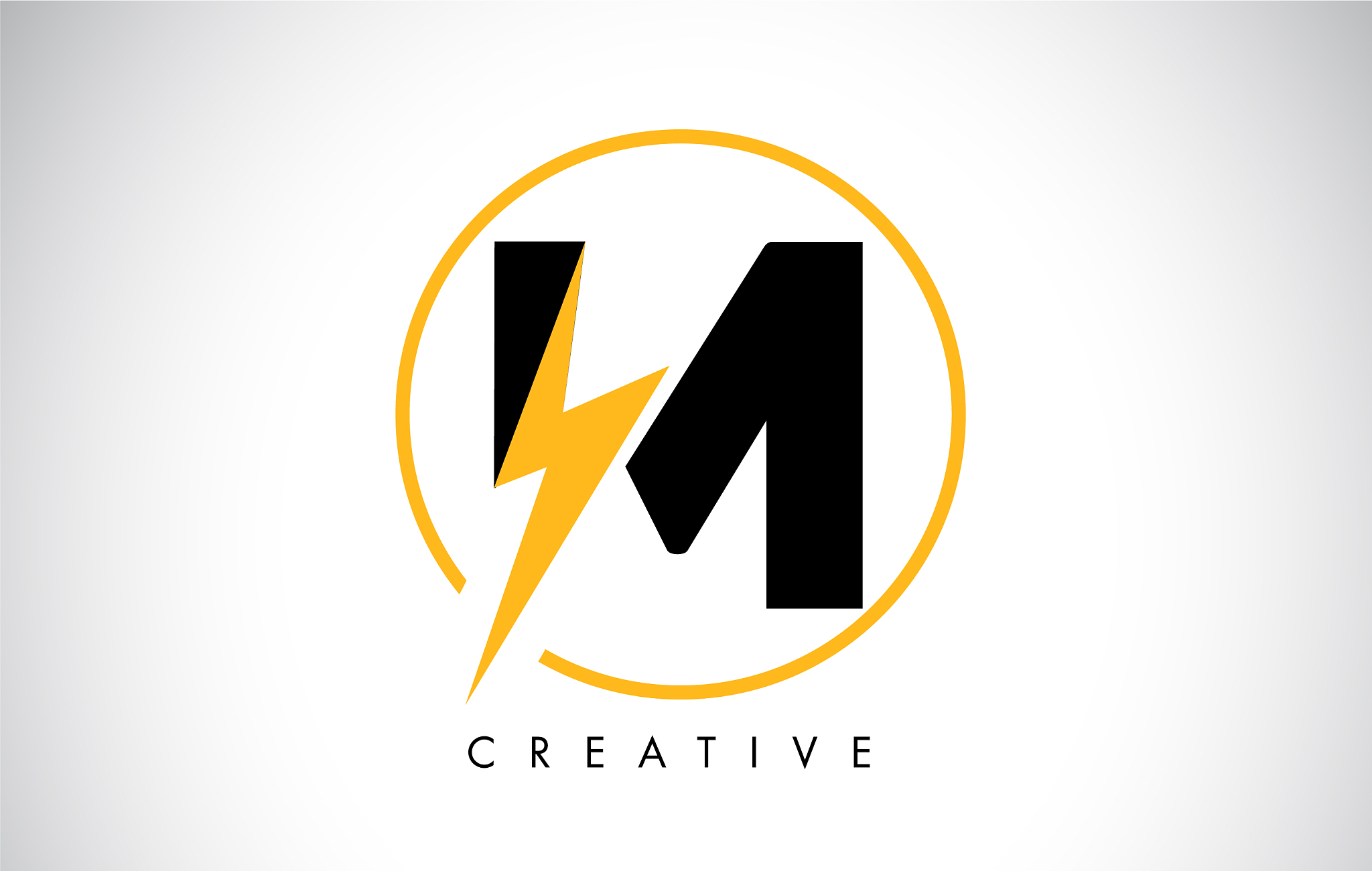 m letter logo design with lighting thunder bolt