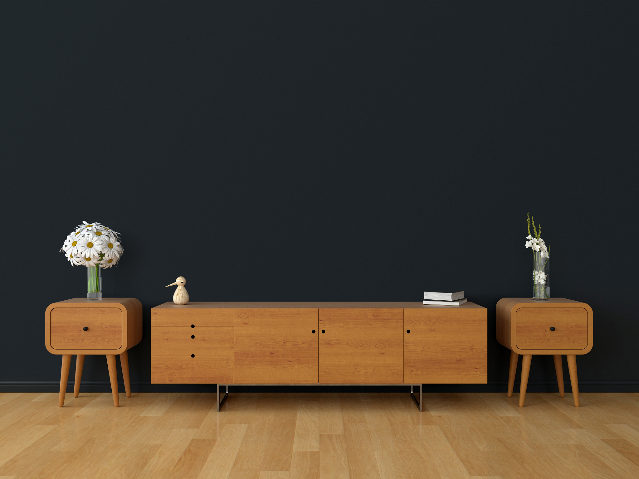 wood sideboard in living room for mockup, 3d rendering