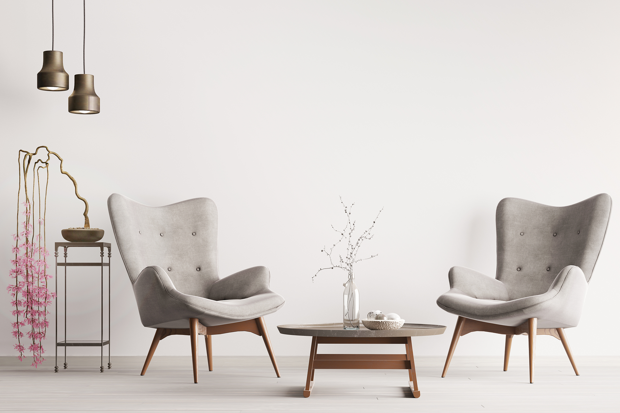 empty wall in pastel interior classic style with soft armchairs,