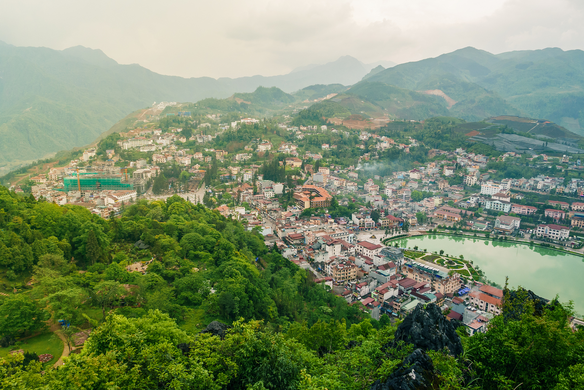 aerial view of landmark landscape at the hill town in sapa city 