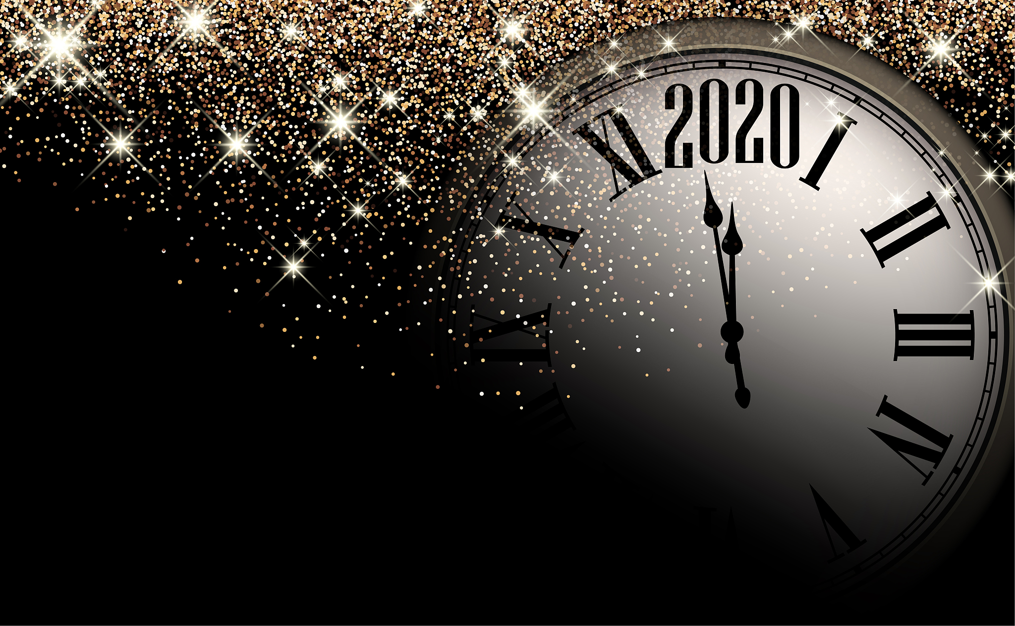 gold shiny 2020 new year background with clock. greeting card.