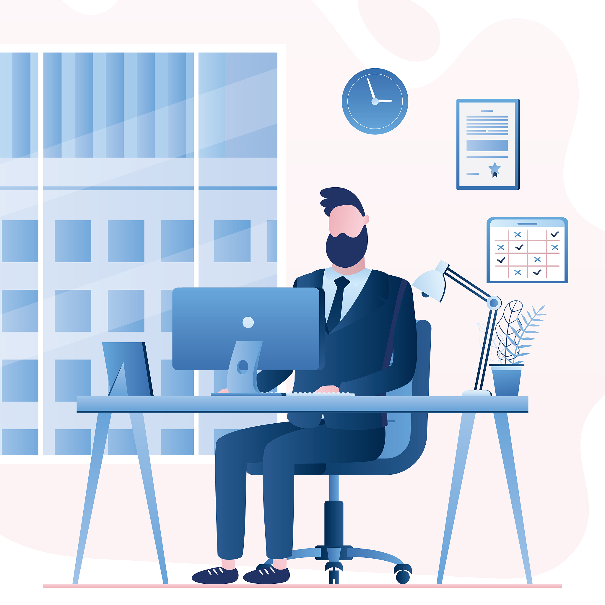 handsome businessman or clerk on modern workplace. office interi