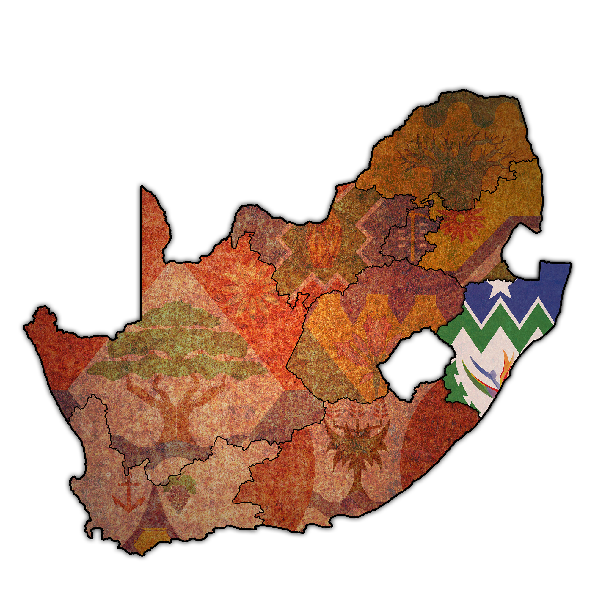 flag of kwazulu natal region on administration map of south afri