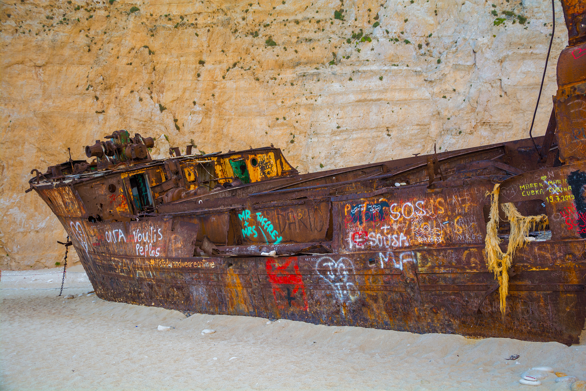 close-up view to the wrecked ship at navagio beach on zakynthos 