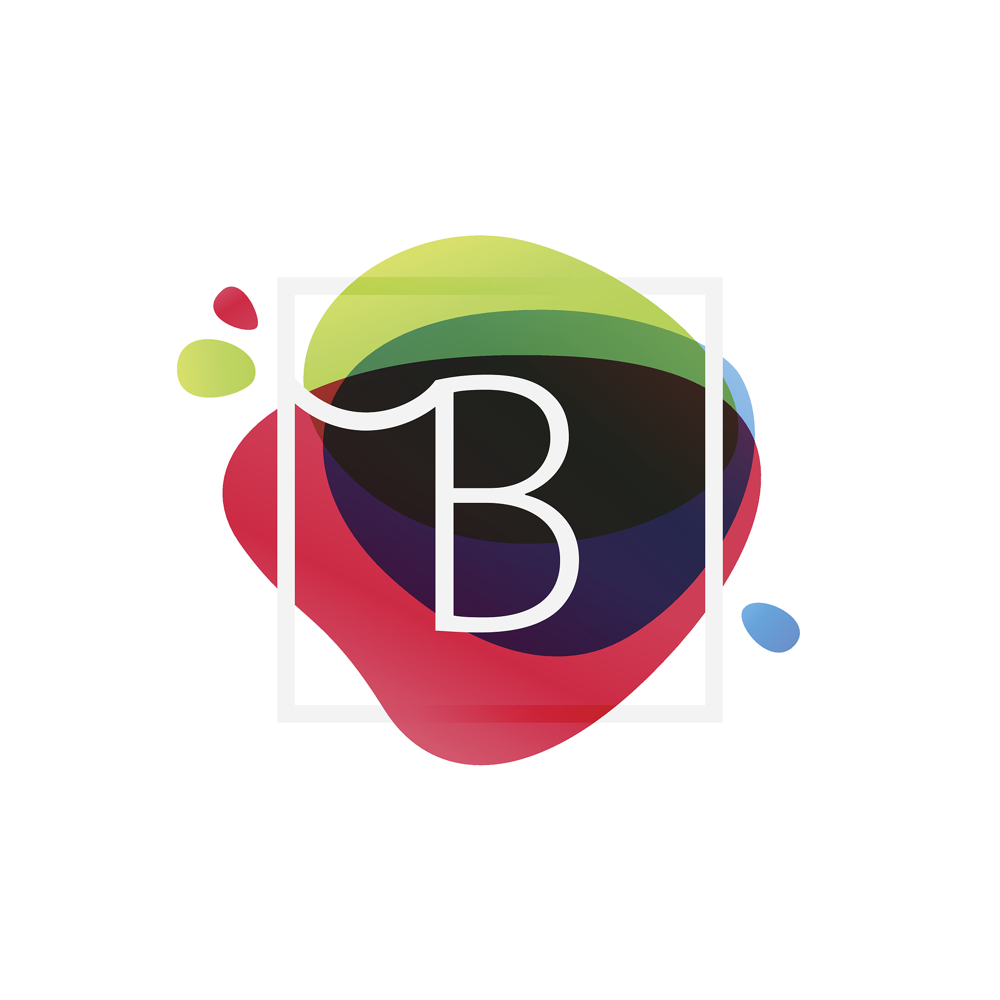 b letter icon in square frame at multicolor splash background.