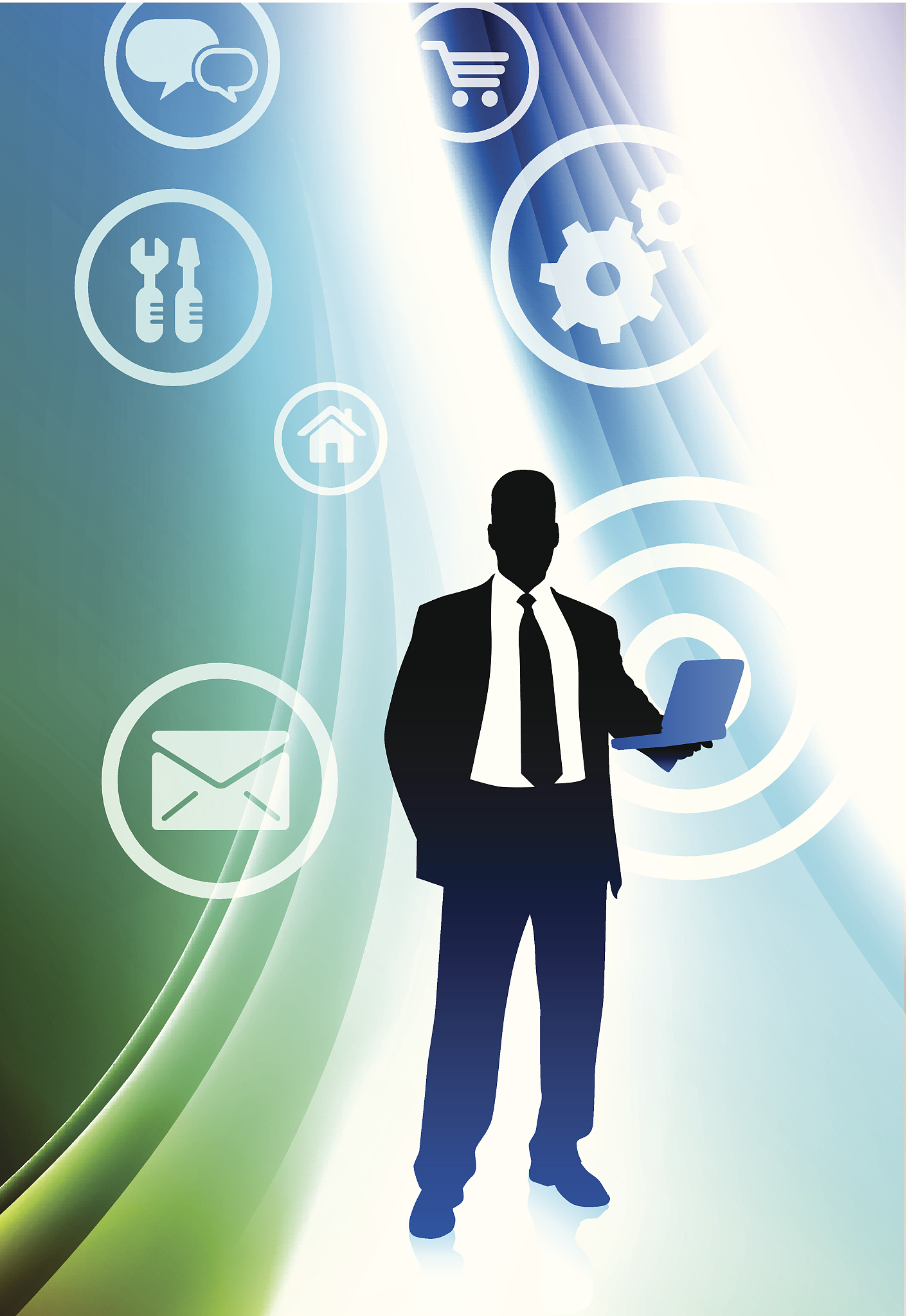 businessman on abstract wave background with internet icons