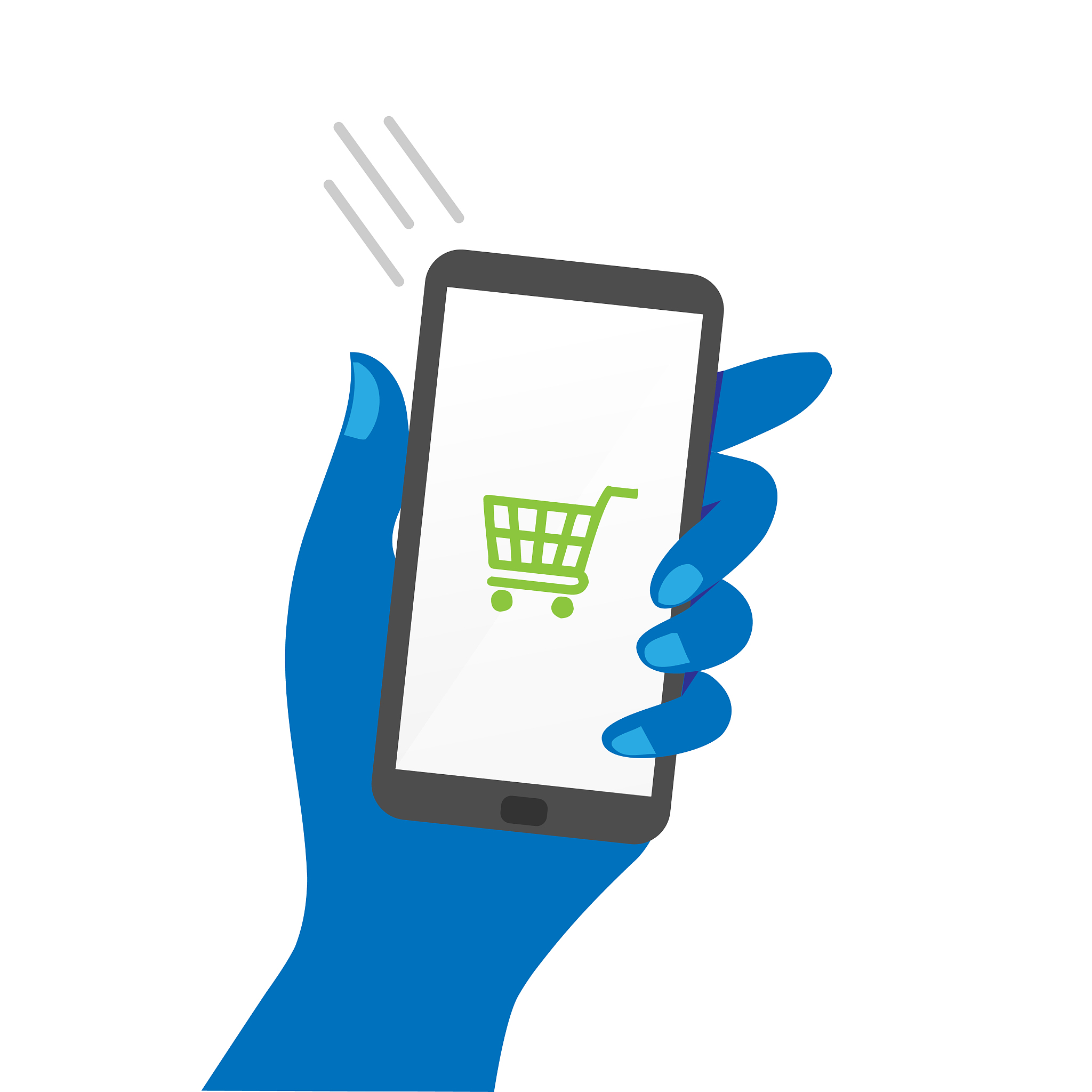 hand holding smartphone showing a shopping cart