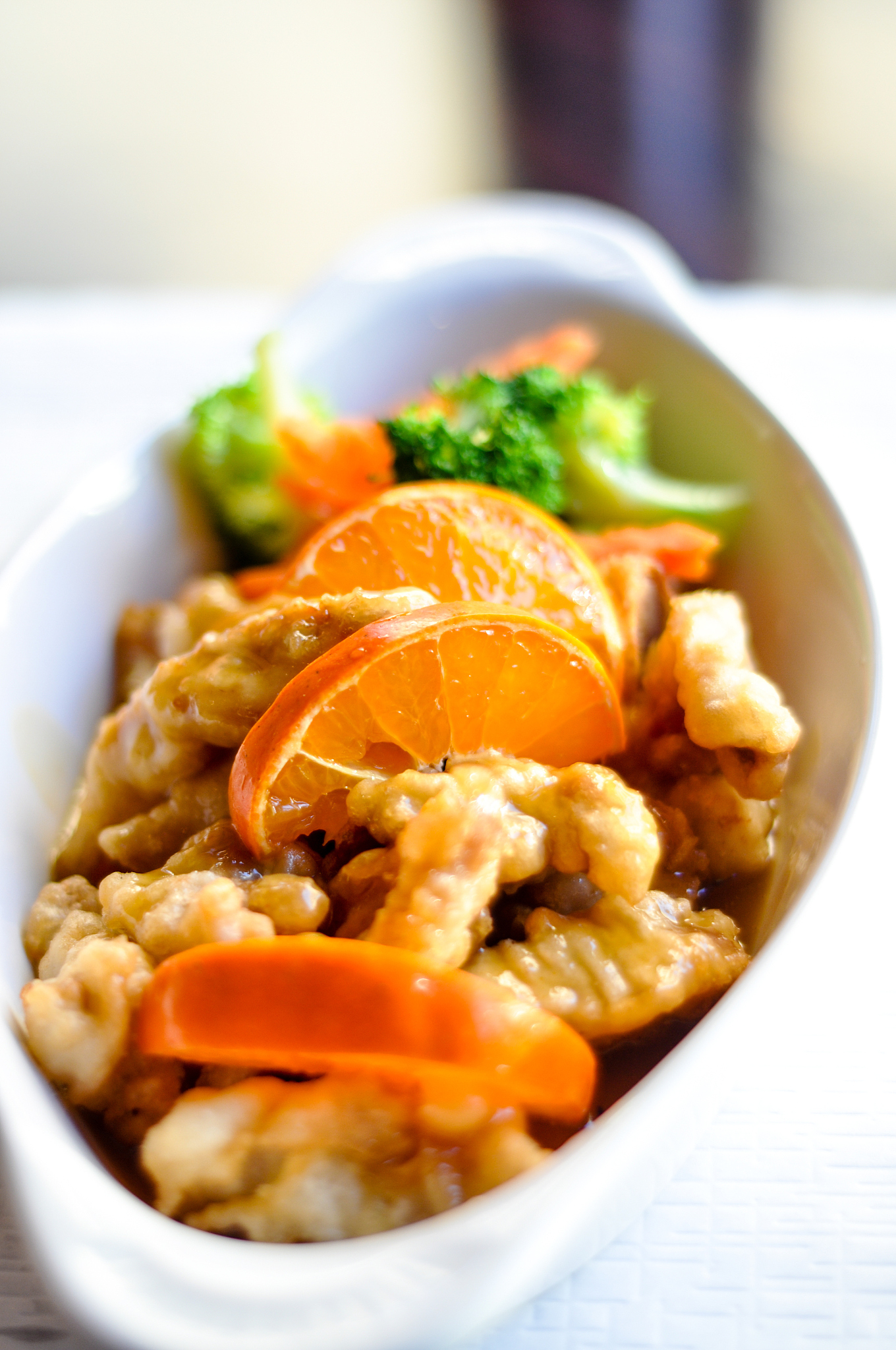 orange chicken, light battered chicken with broccoli, carrot and