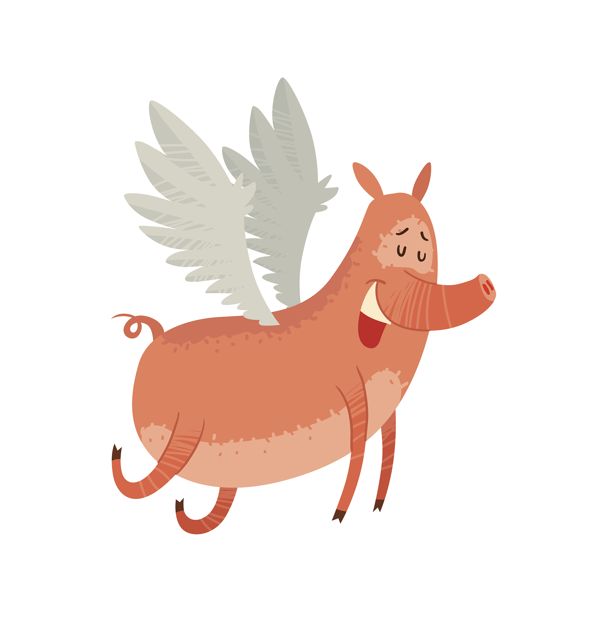 funny pink pig flying with his eyes closed