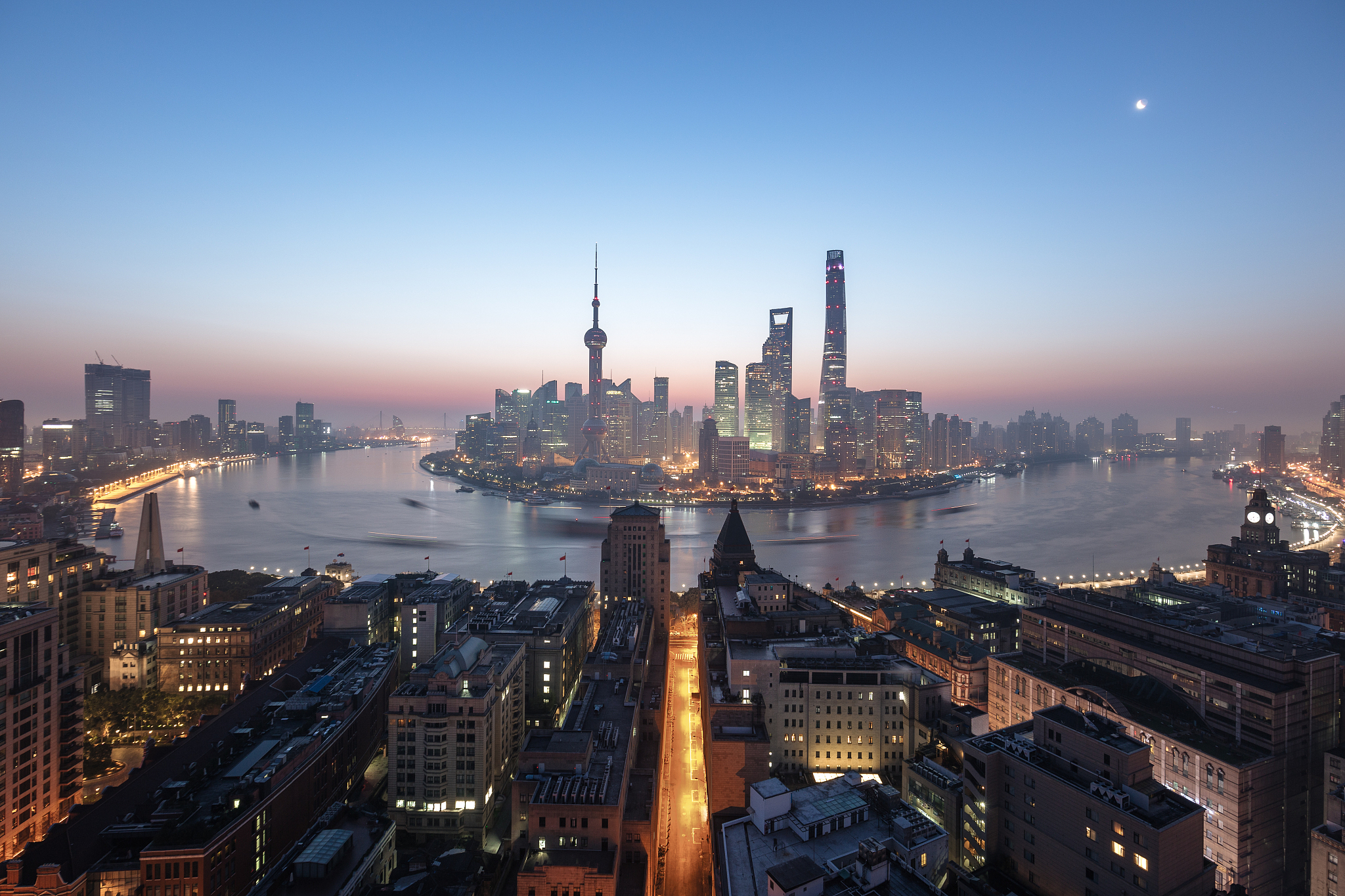 high angle view of shanghai lujiazui skyline at dawn