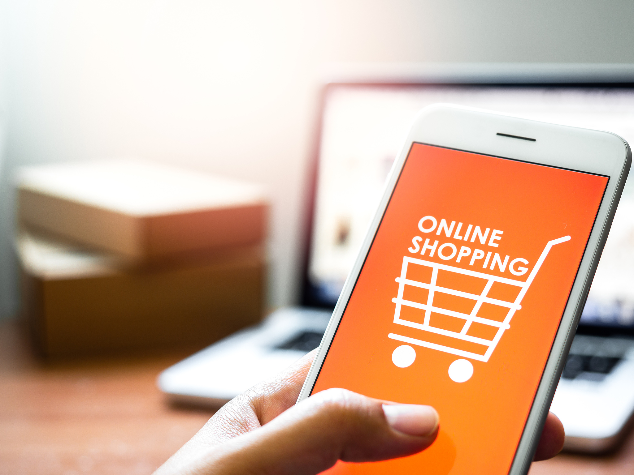online shopping concept. words "online shopping" and shopping ca