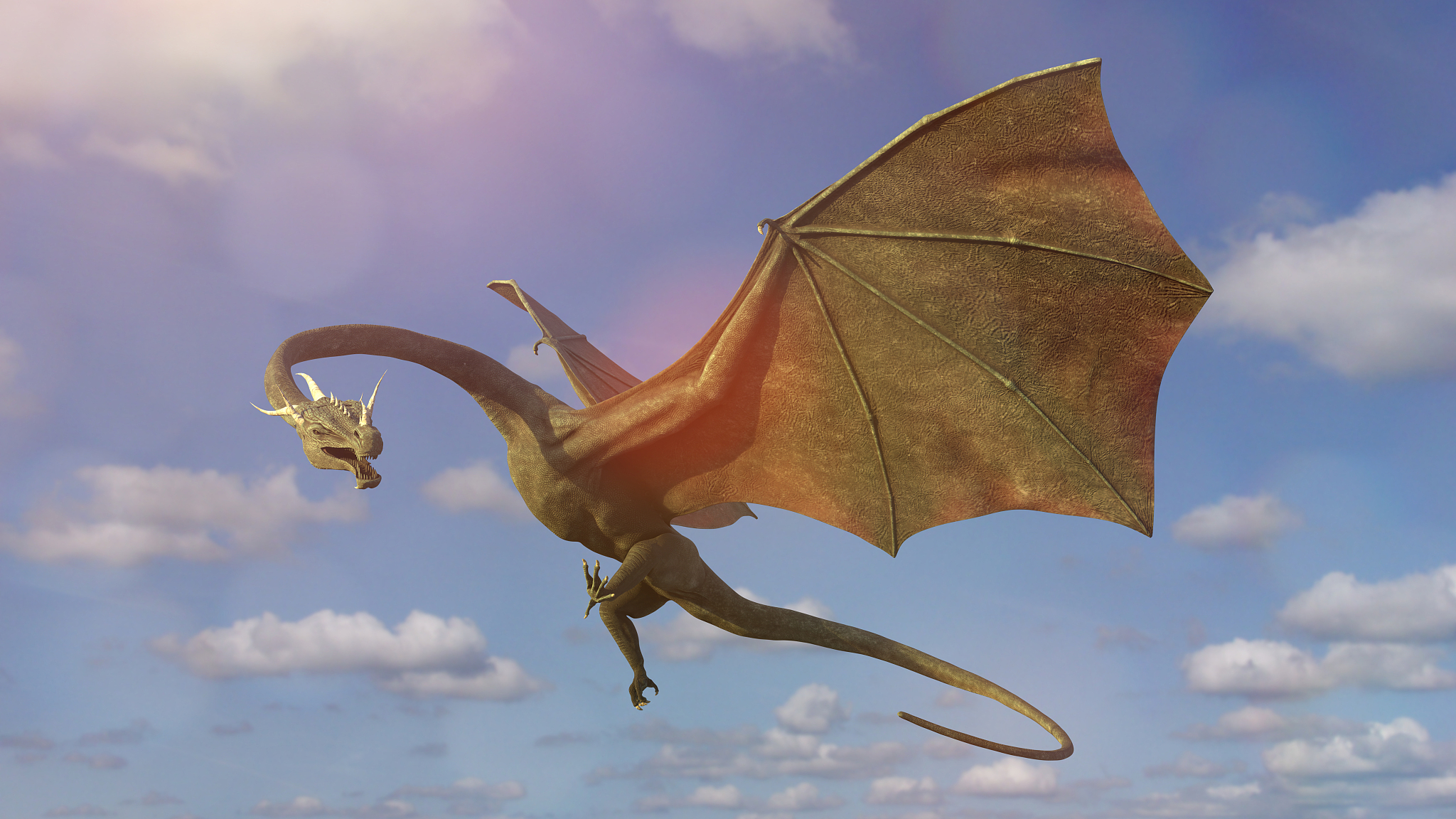 giant dragon, mythical green creature is flying