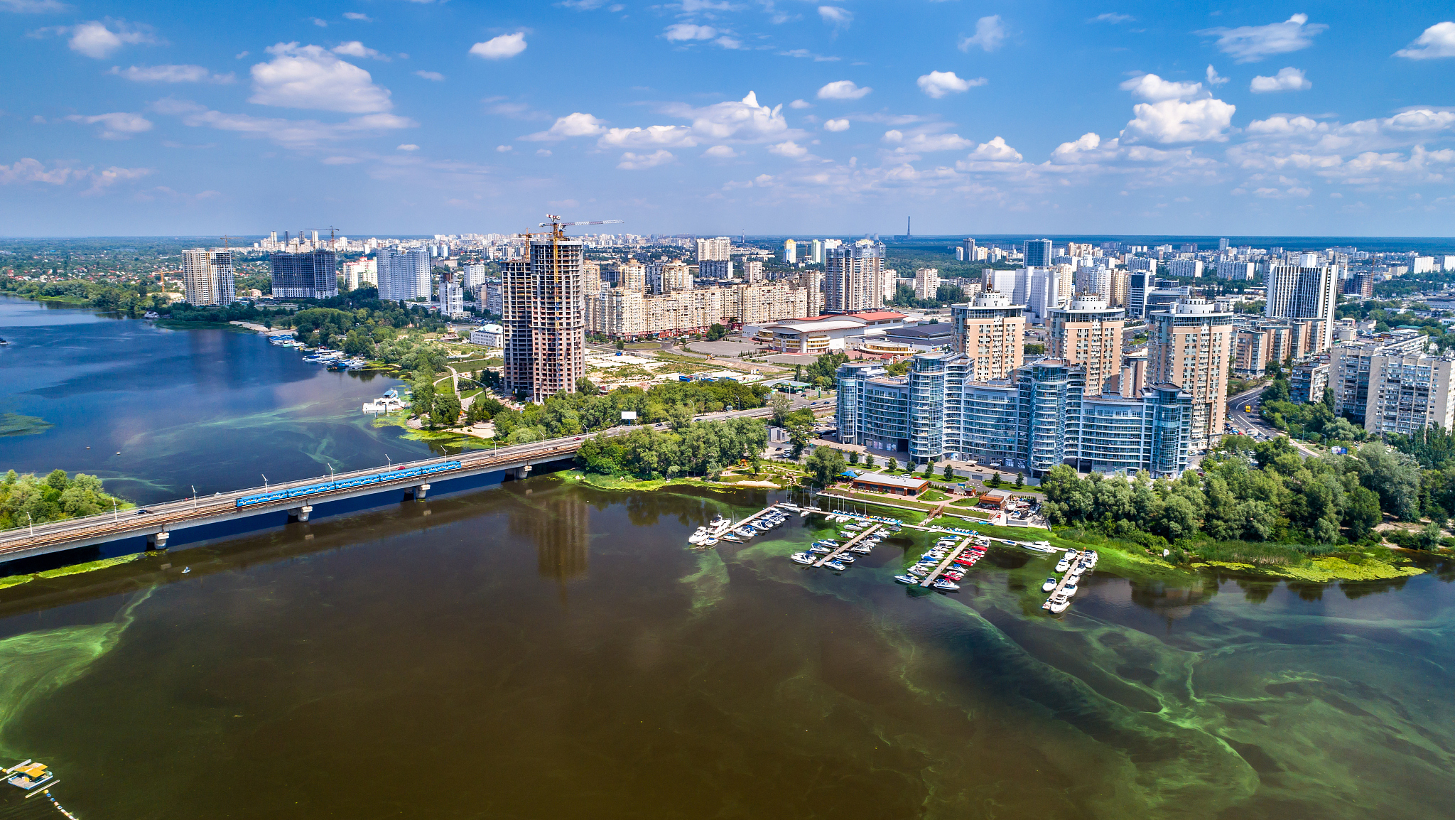 aerial view of the dnieper river with its left bank in kiev, ukr