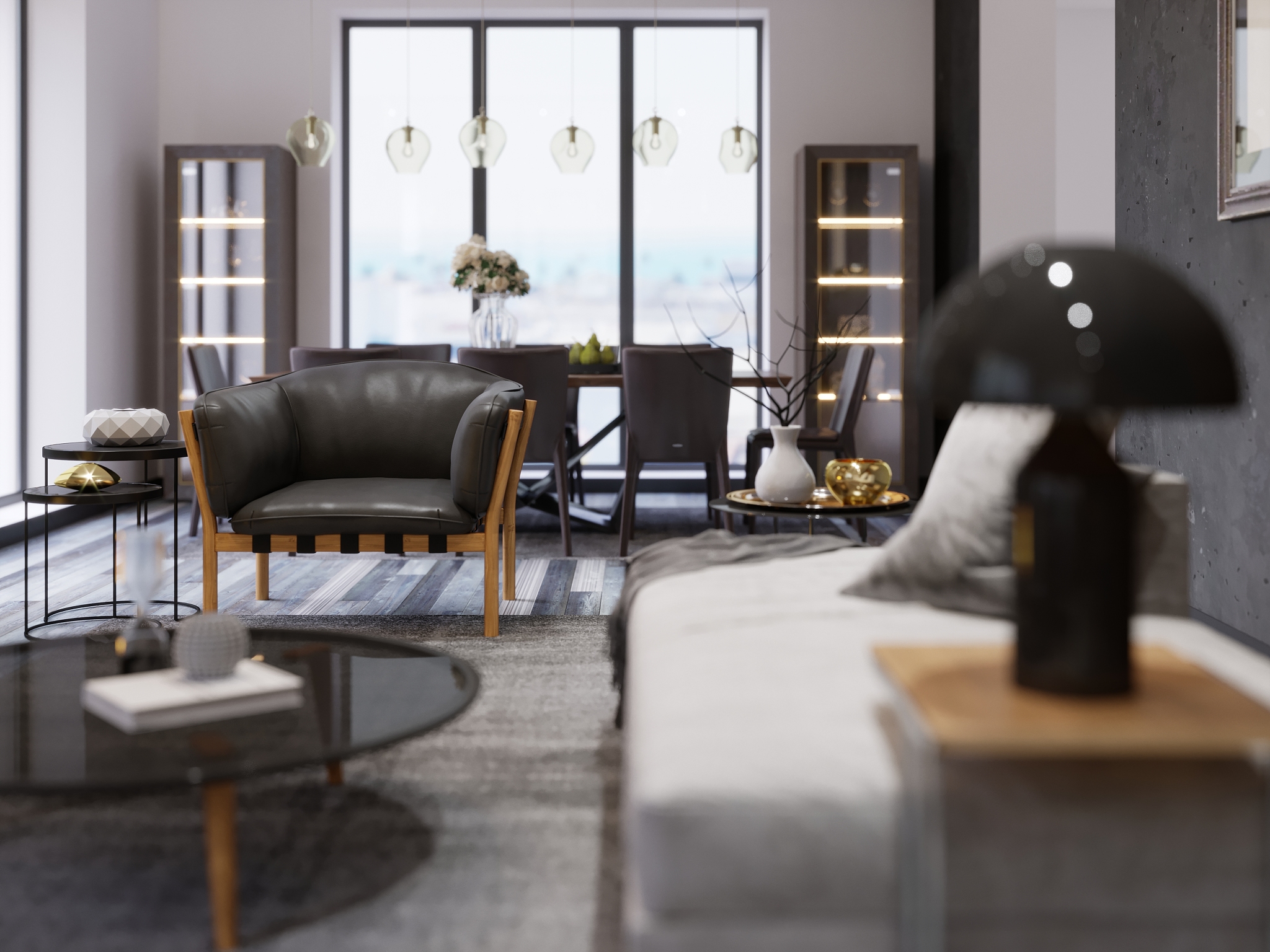 interior of a modern studio apartment with a dining area and a d