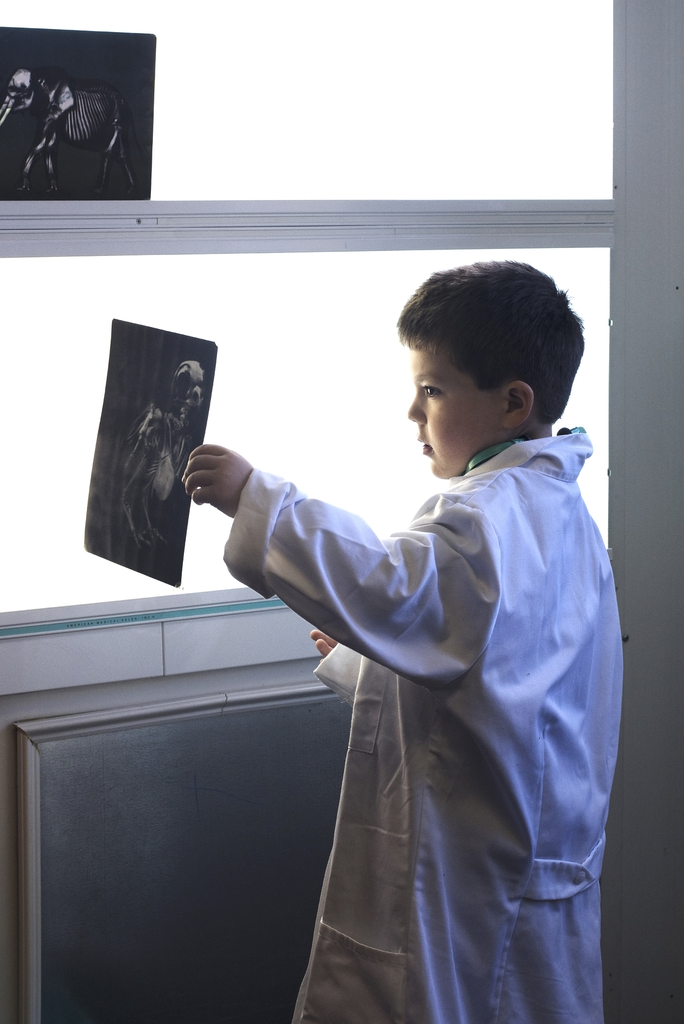 side view of boy holding medical x-ray