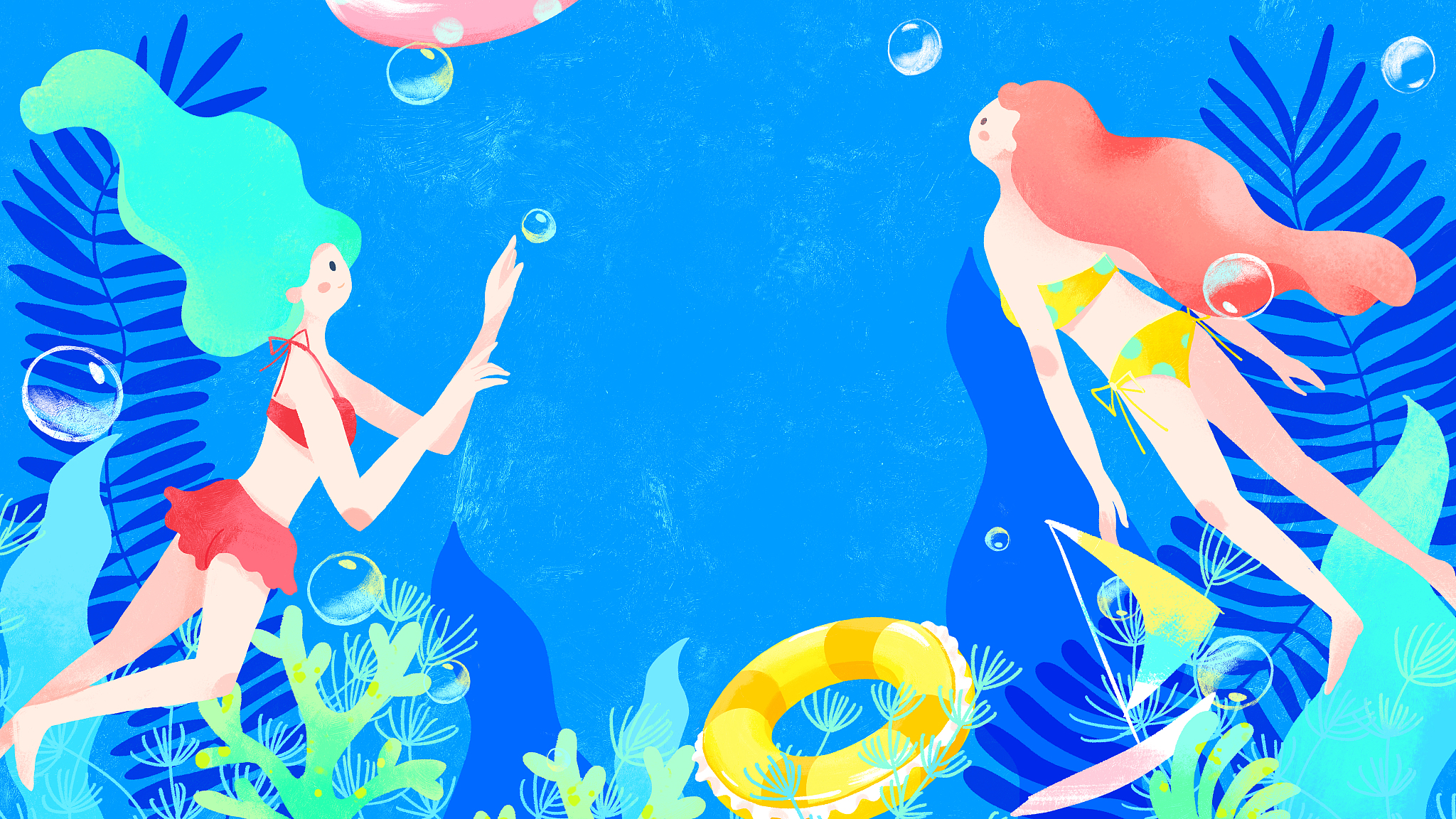 夏天潜泳的两个少女与海草游泳圈插画