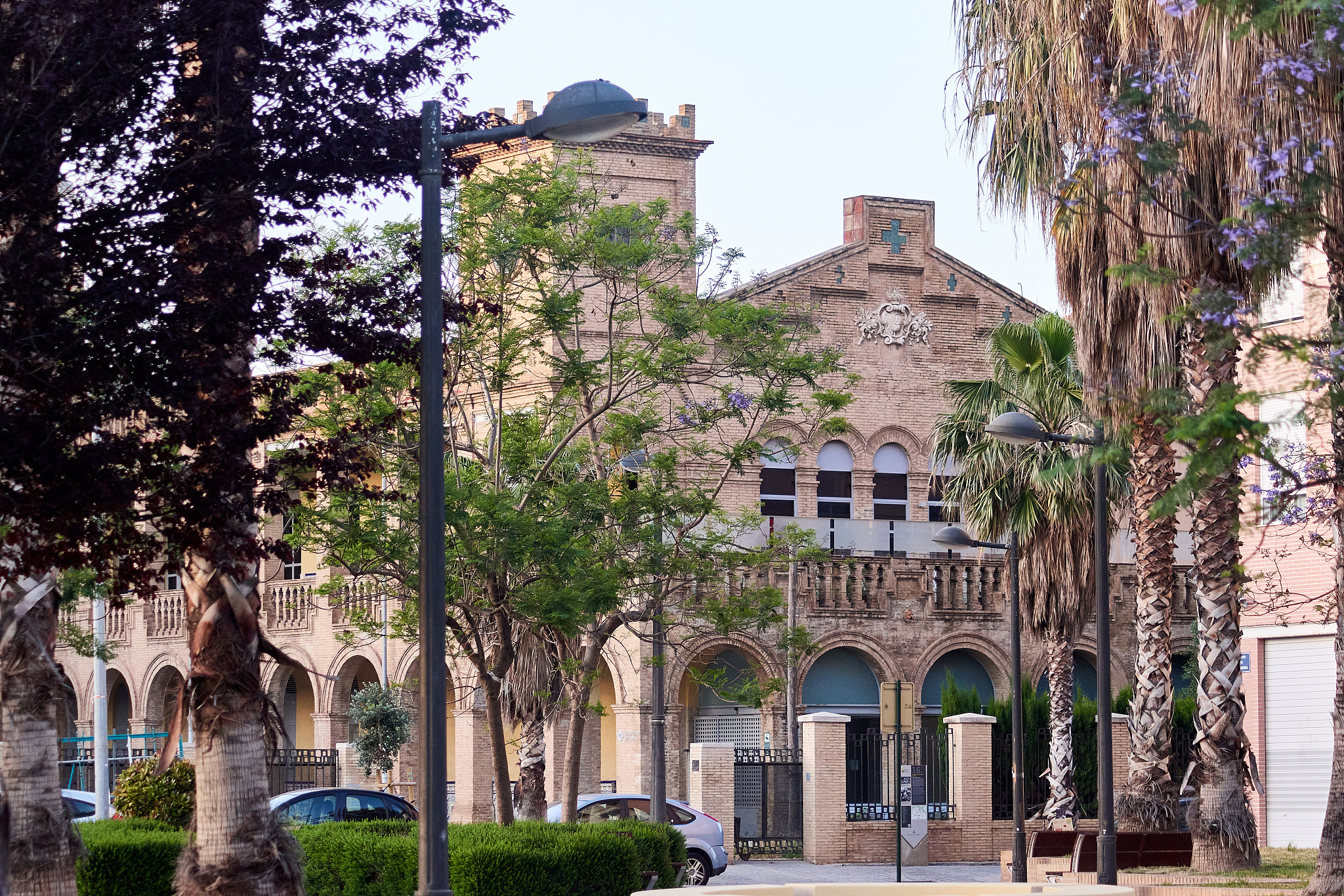view of the old hospital behind palm trees