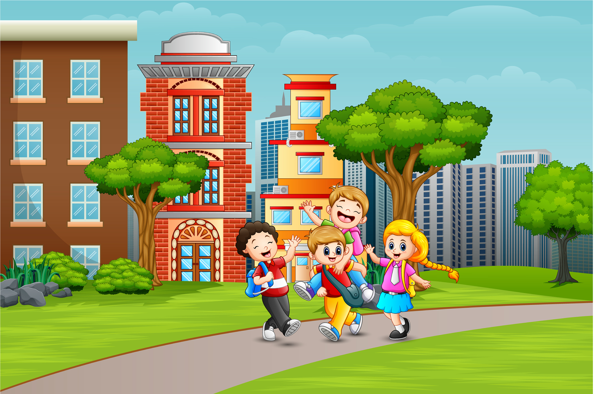 happy school children playing on the road
