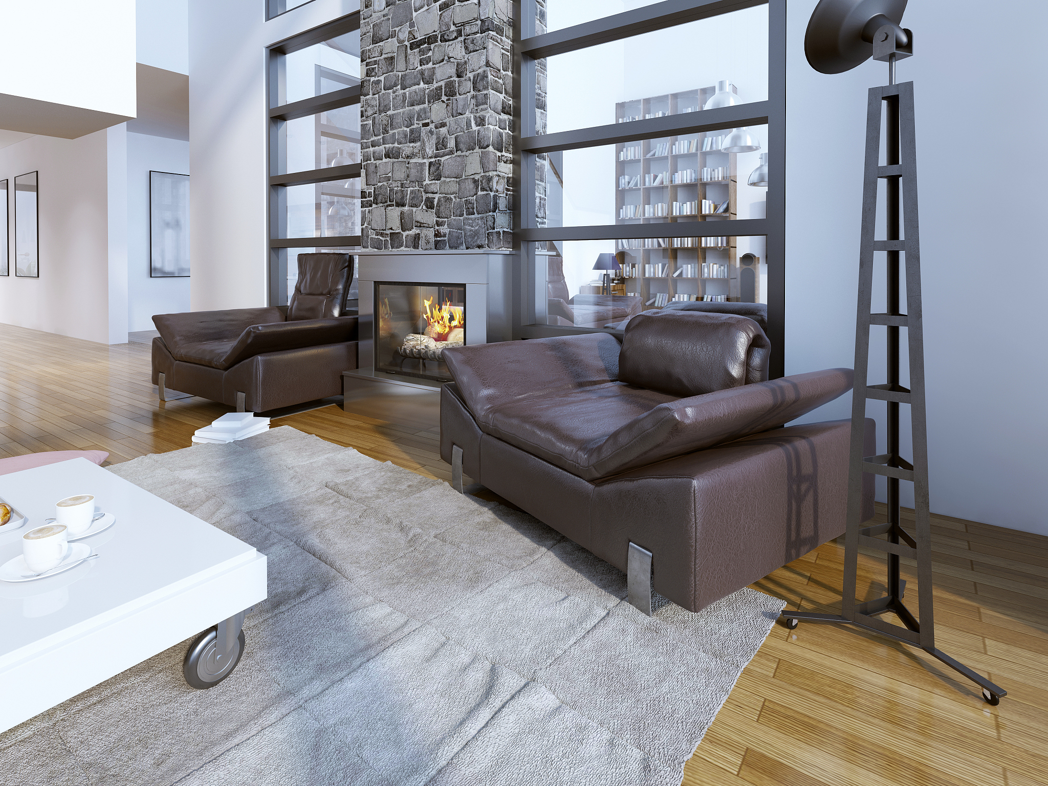 minimalist lounge with fireplace