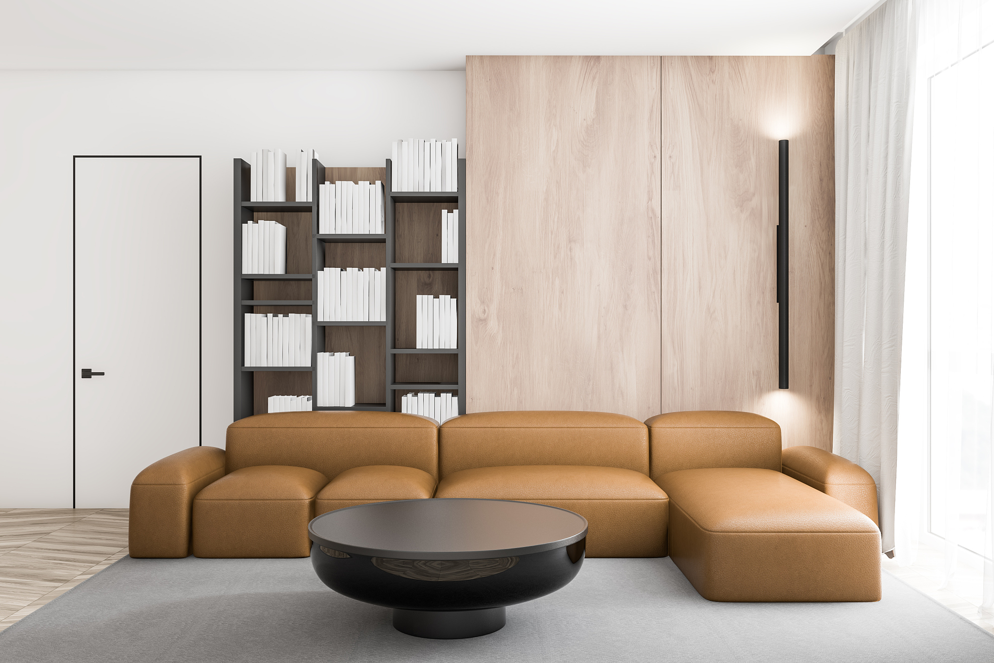 white living room with leather sofa and bookcase