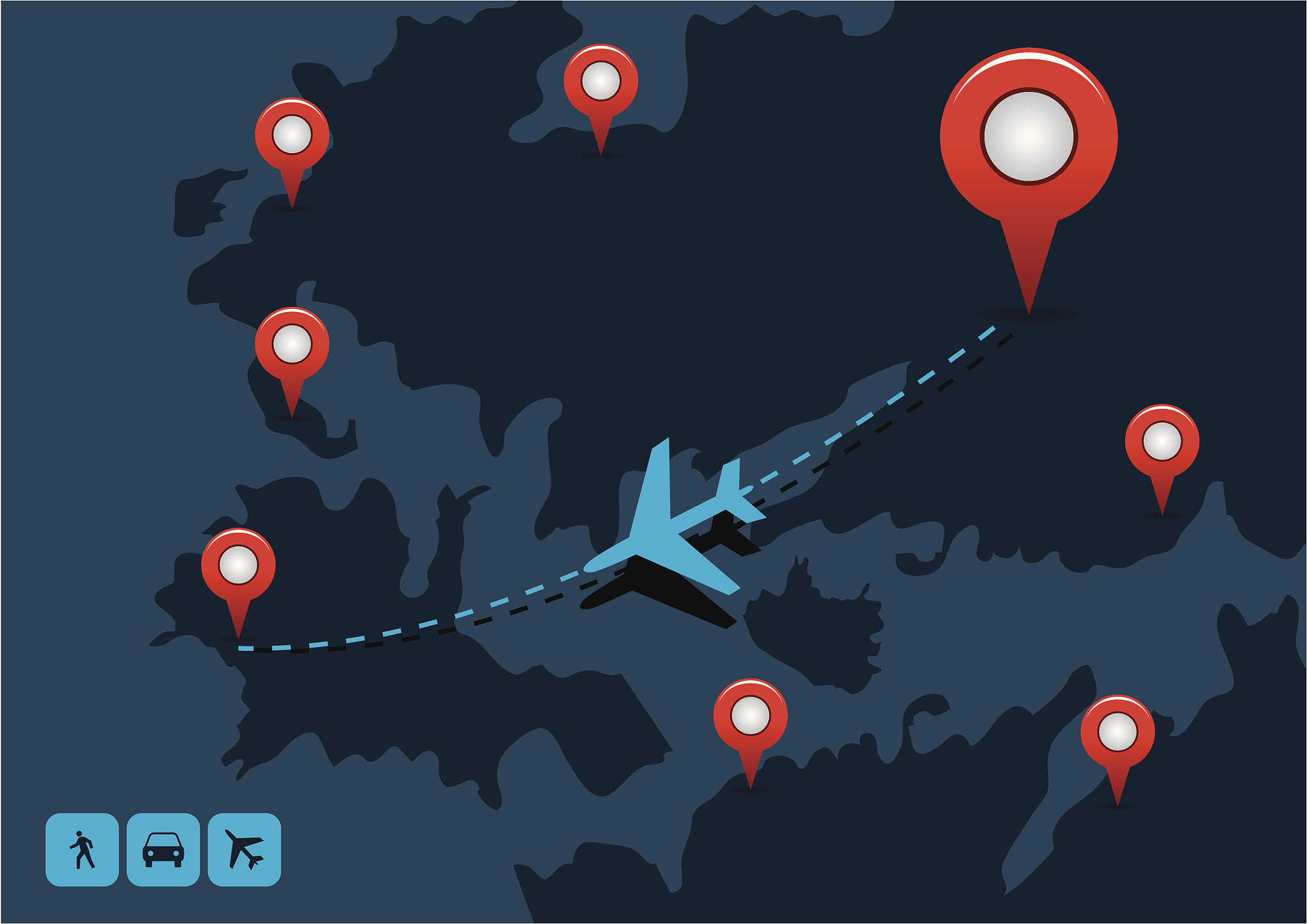 map with navigation and airplane icons