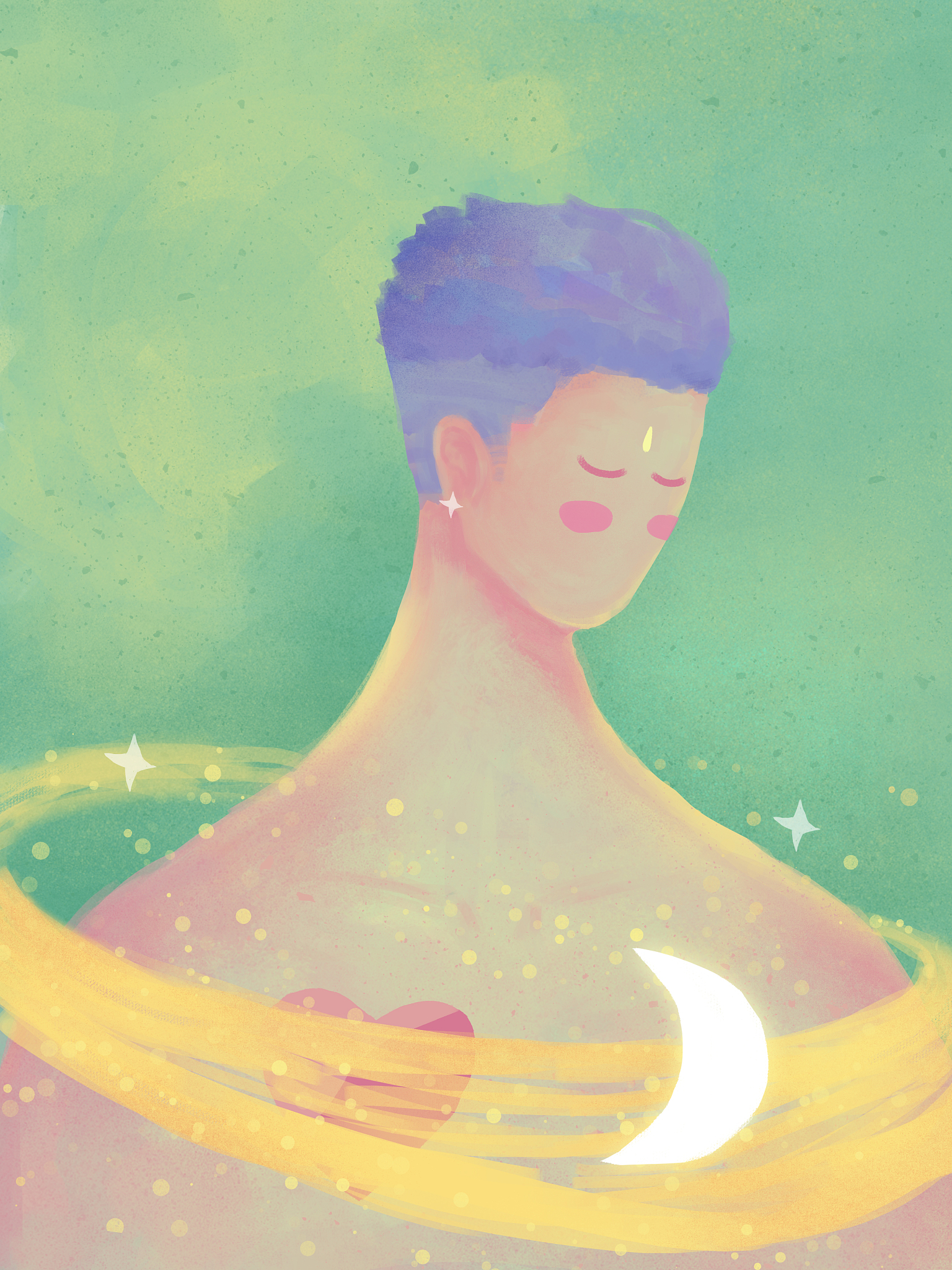 思考,半身像,<strong>男生</strong>,往下看,插画,浪漫,一个人,星空,头发,文艺