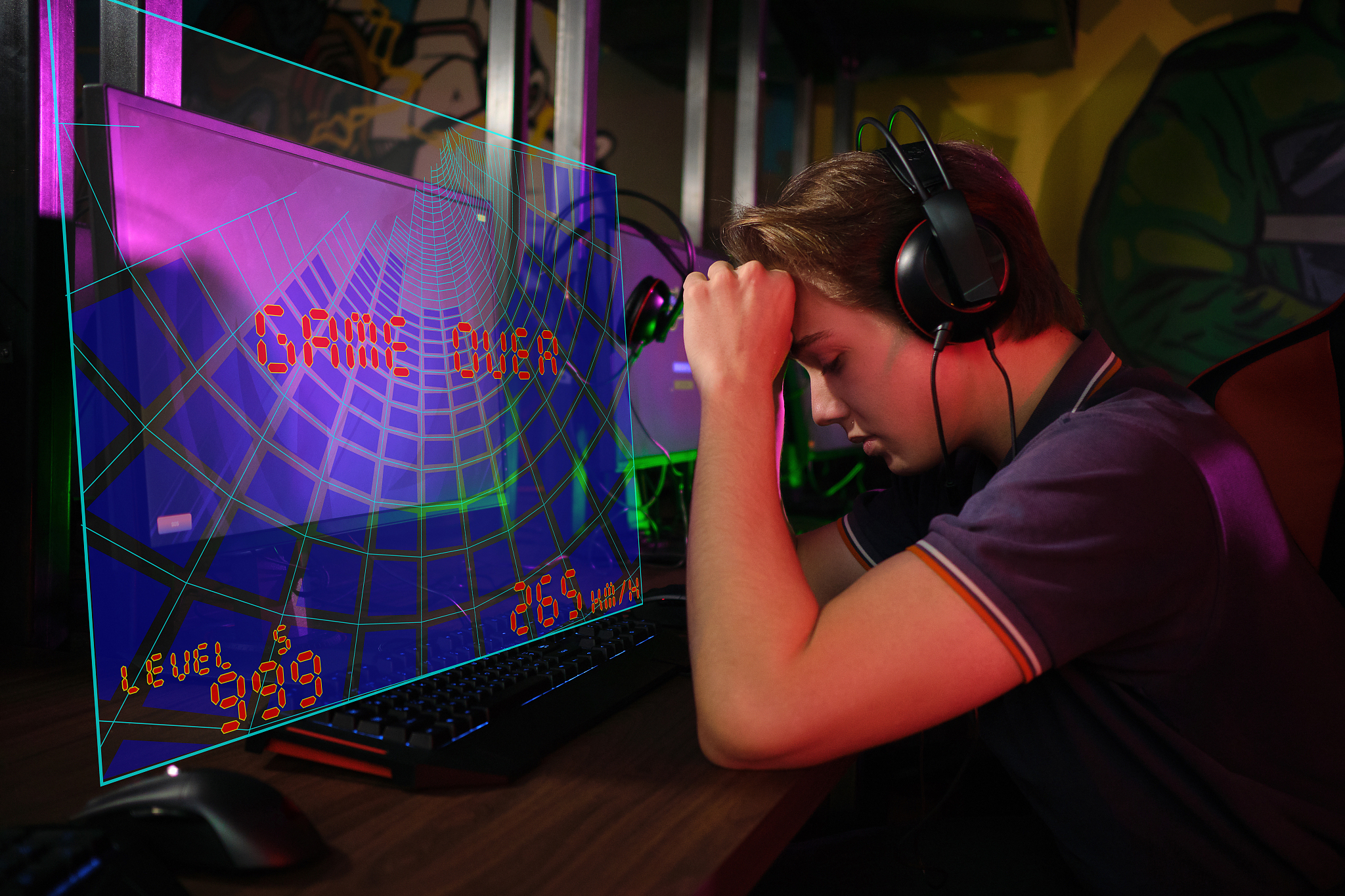 professional young caucasian gamer playing online on his pc. he 