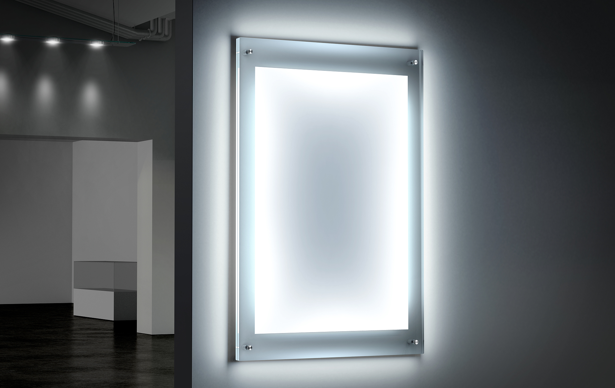 blank white illuminated poster mockup in dark hall