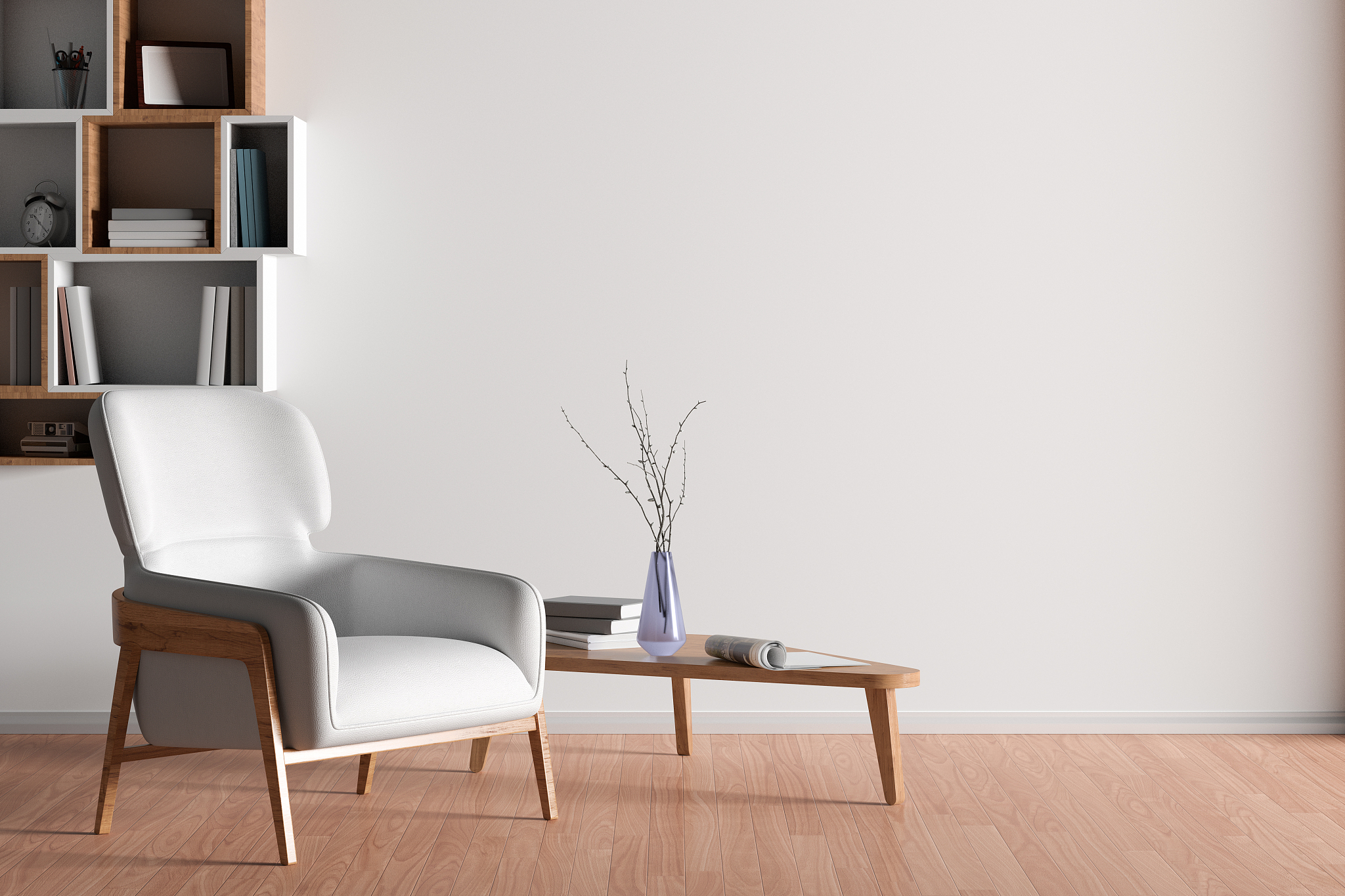 interior of living room with white leather armchair and wooden t