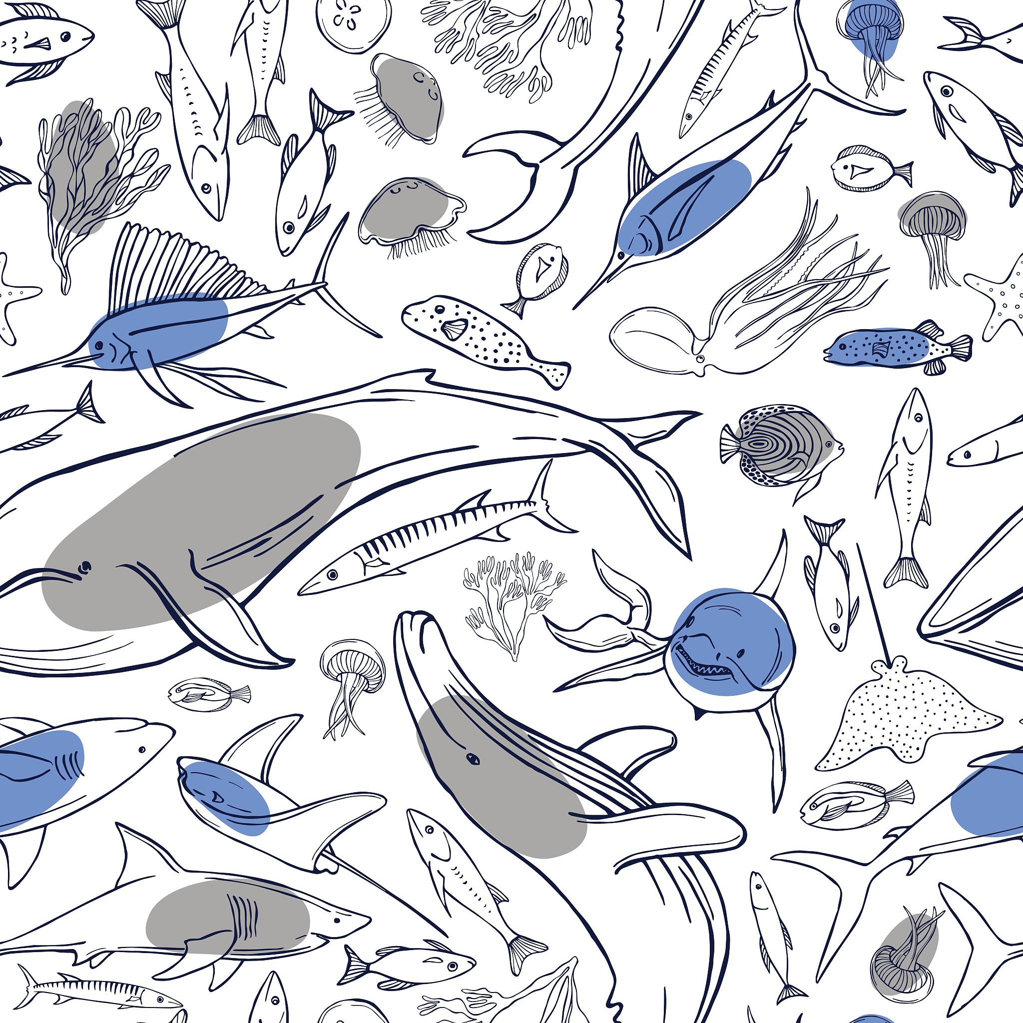 hand drawn whales and fish. vector pattern.