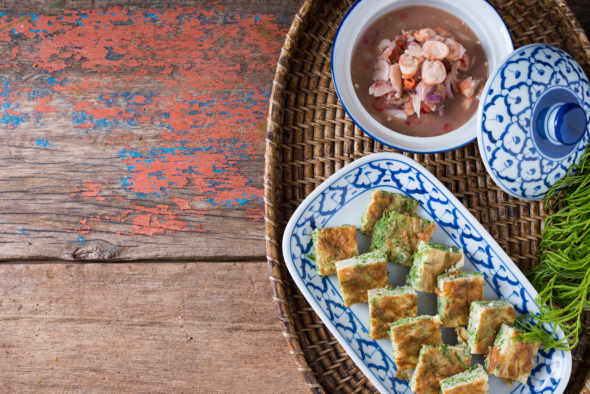 thai food, acacia pennata omelette and shrimp-paste sauce