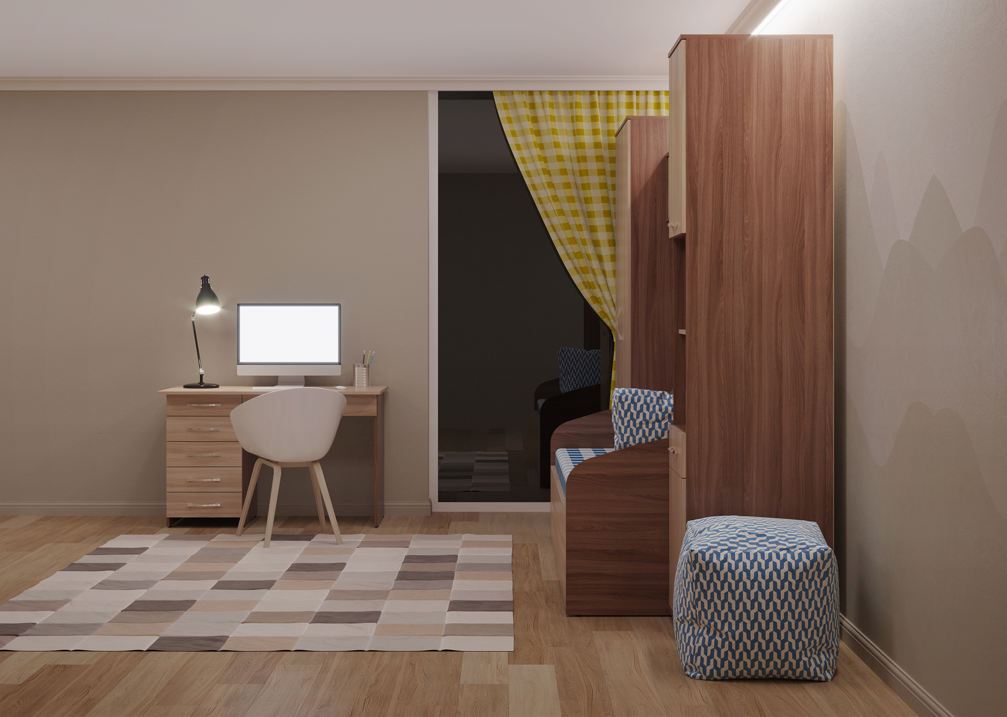 cozy stylish room designed for a teenager. night. evening lighti