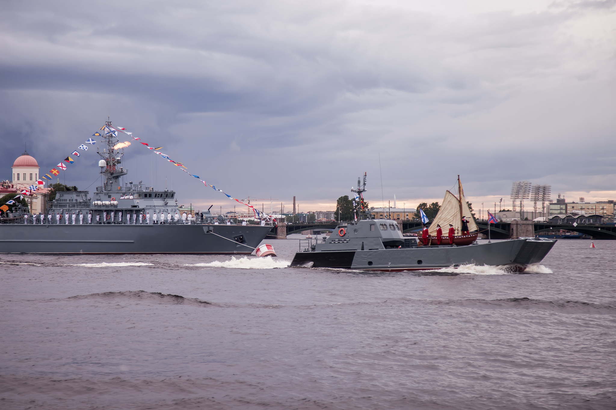 military boat russian armed forces goes along neva river against