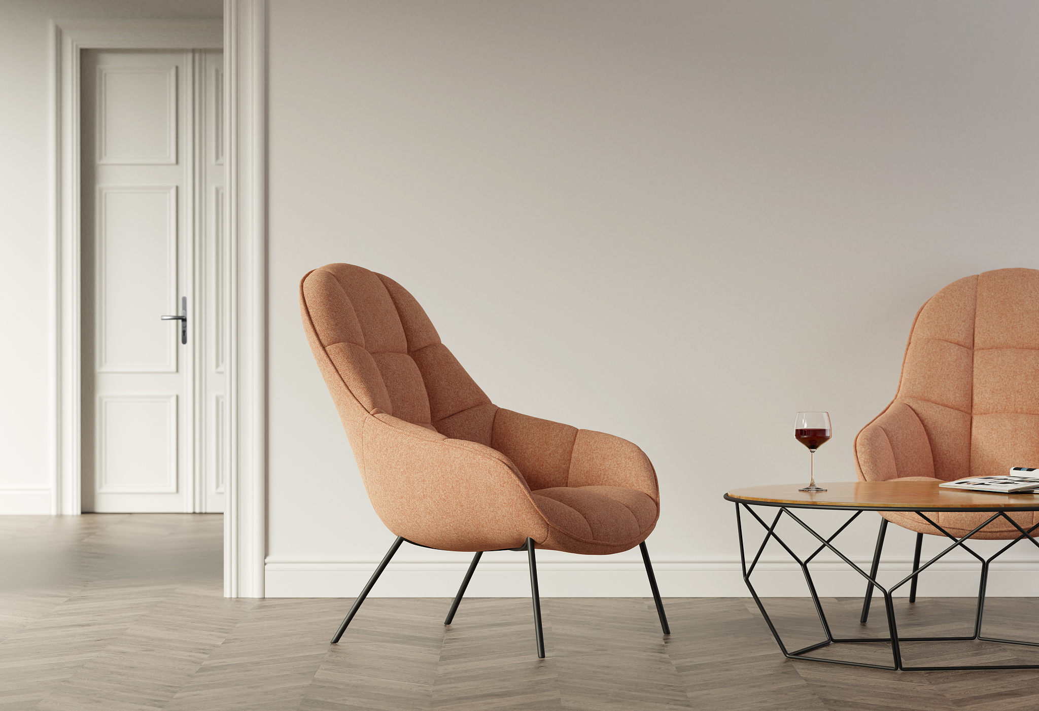 interior with a table, two armchairs and wall mockup. 3d render.