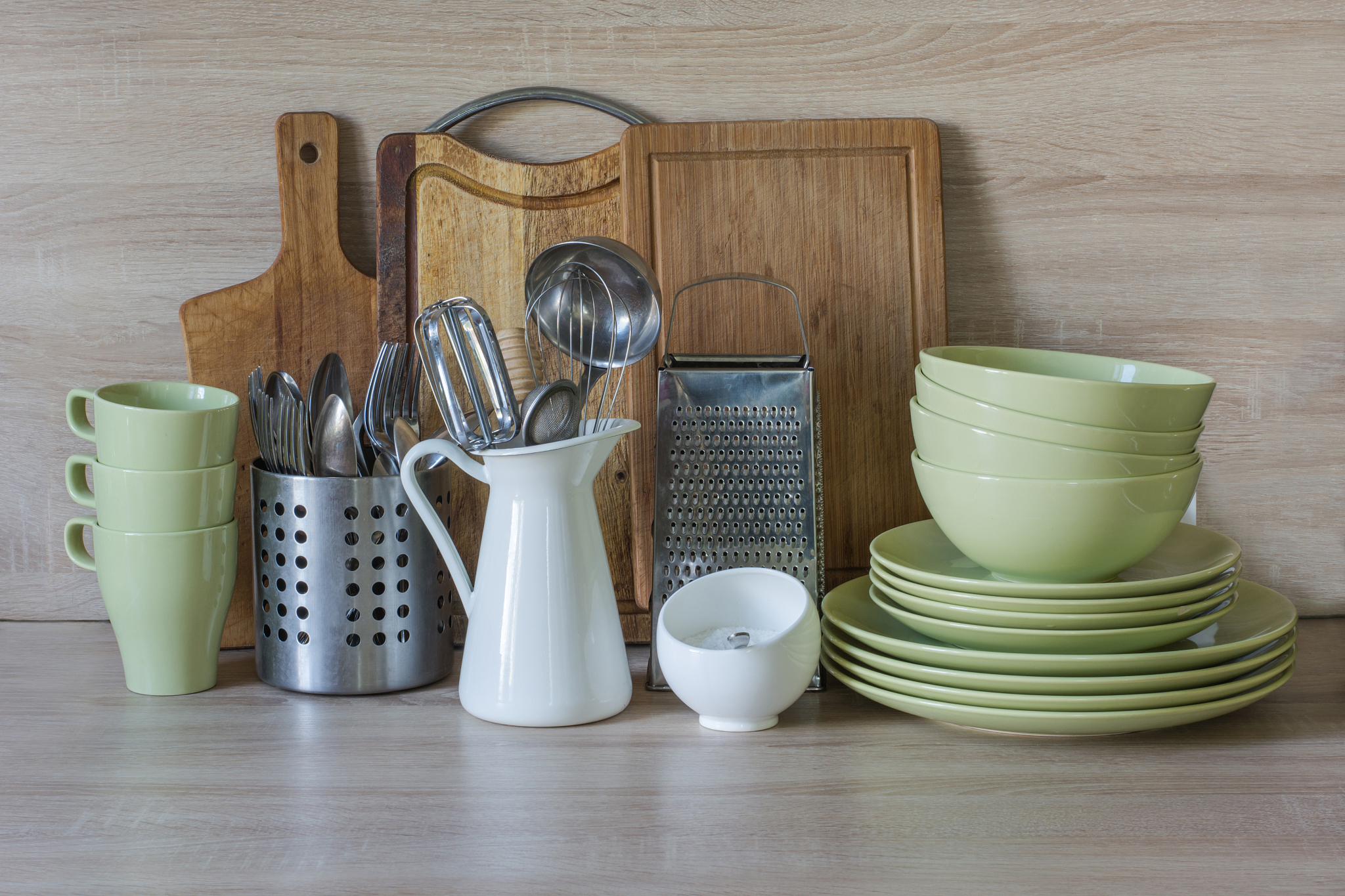 crockery, tableware, utensils and other different stuff on woode