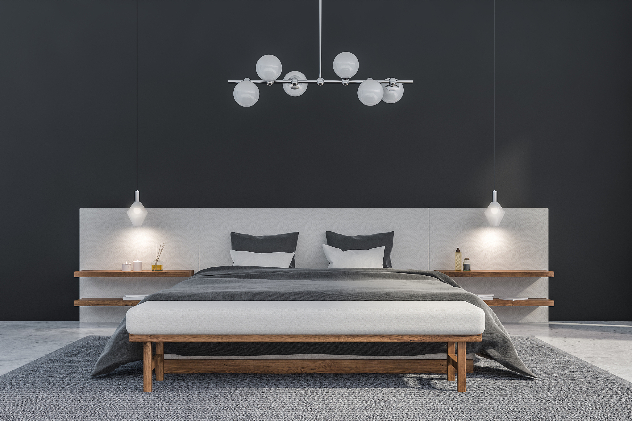 gray and white bedroom interior