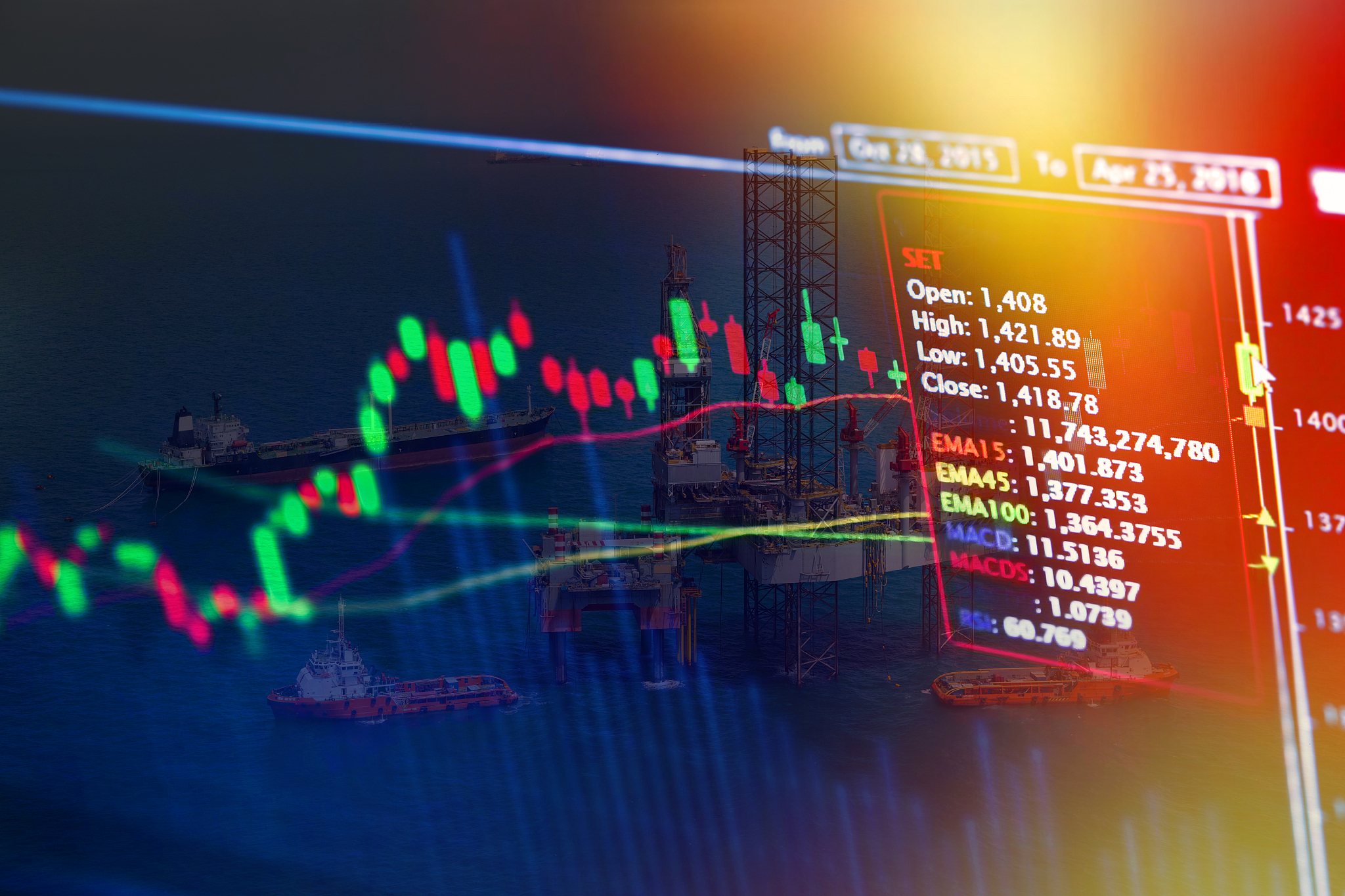 stock market concept with oil rig in the gulf background,double 