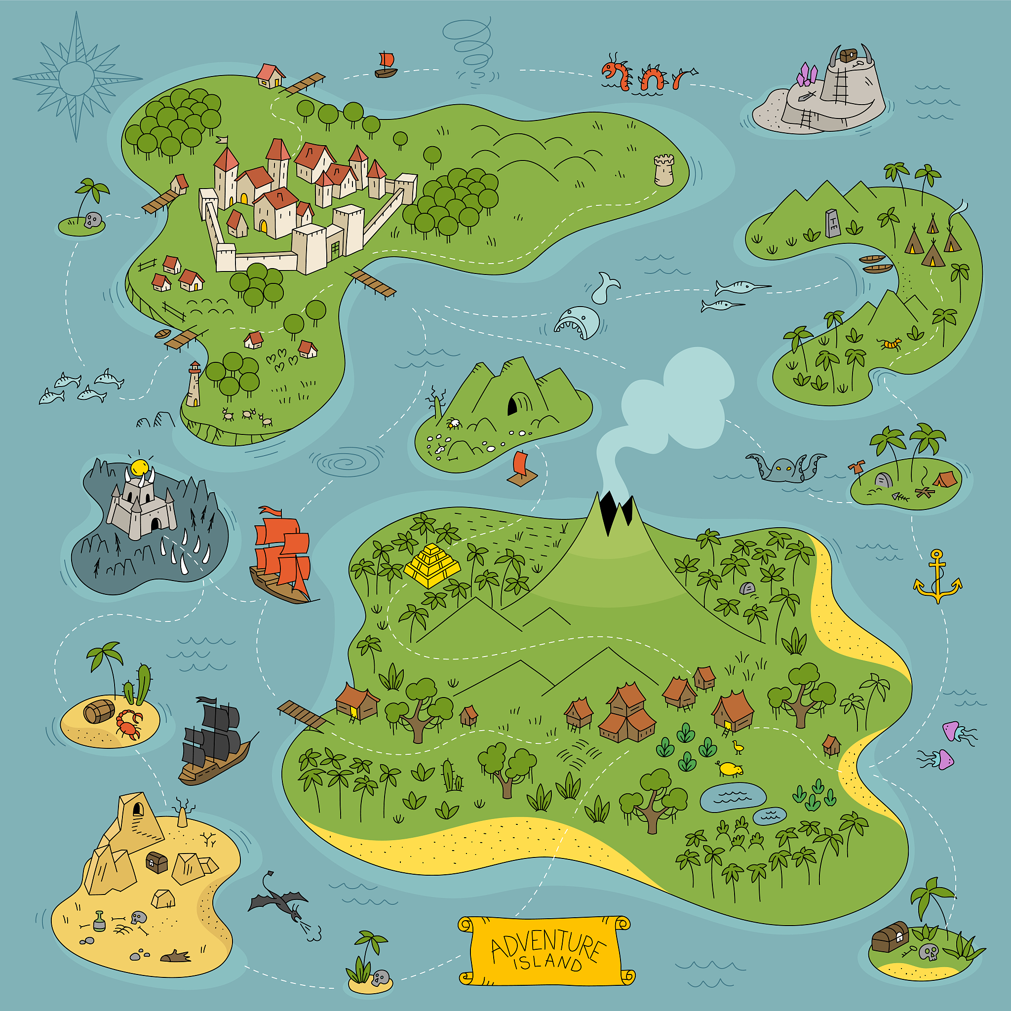 board game kit. adventure island map. fantasy area. pirates, sea