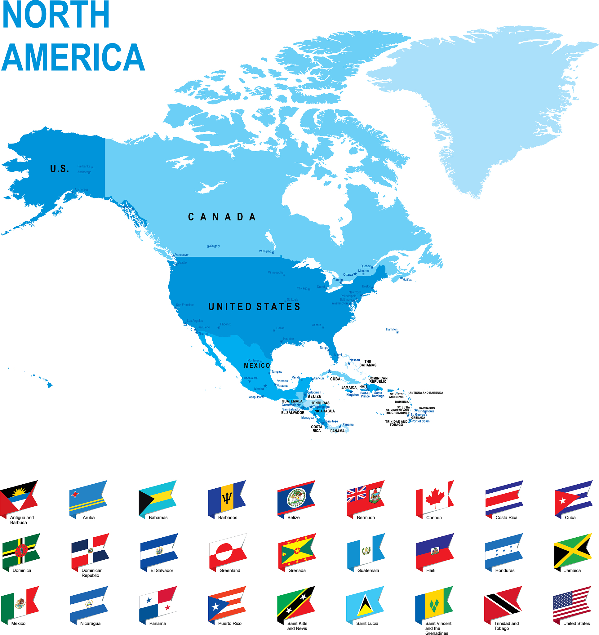 blue map of north america with flag against white background
