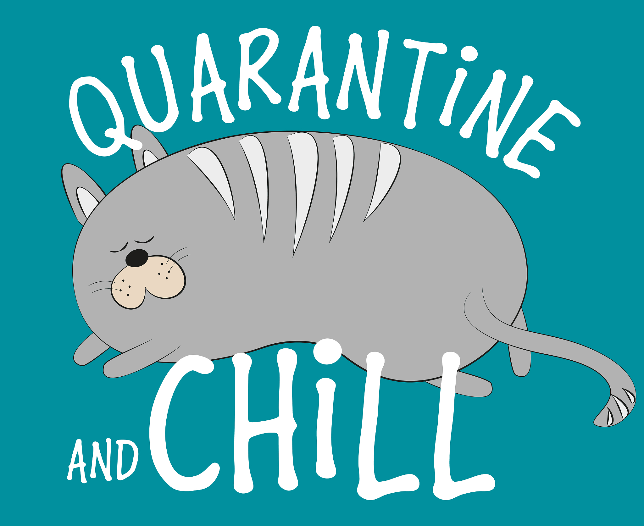 quarantine and chill- text with cute cat on green background.