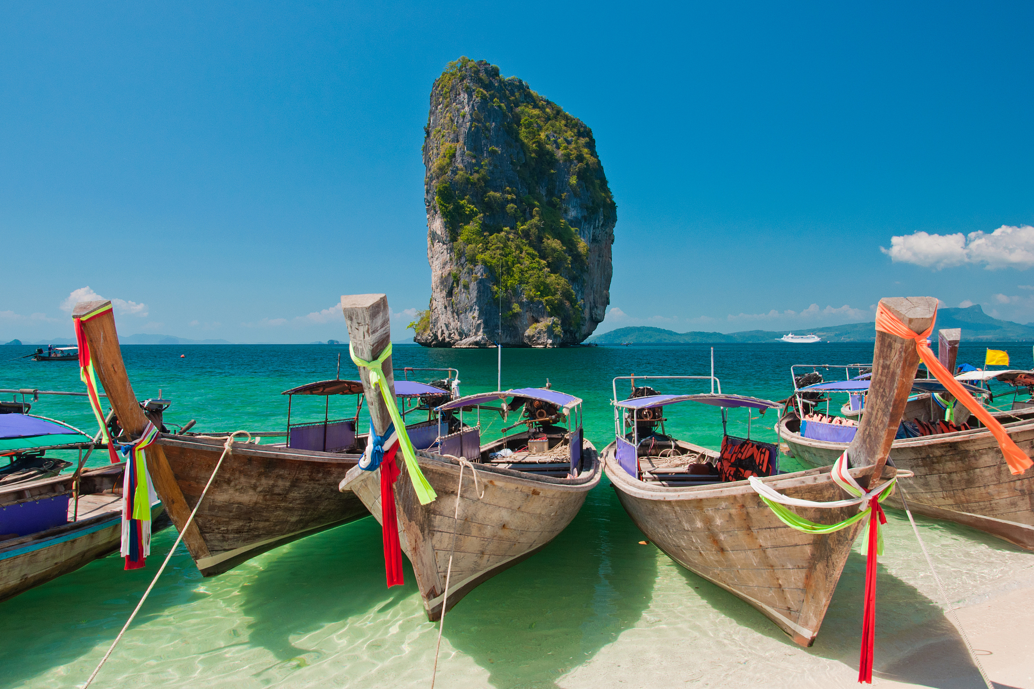 beautiful beach & longtail boats at krabi, thailand