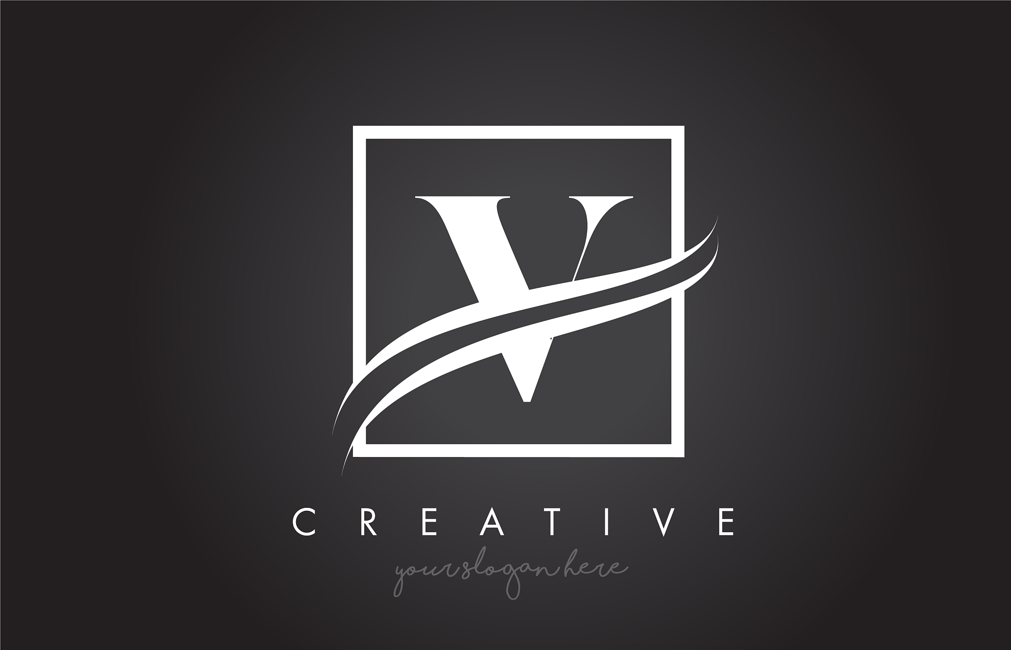 v letter logo design with square swoosh border