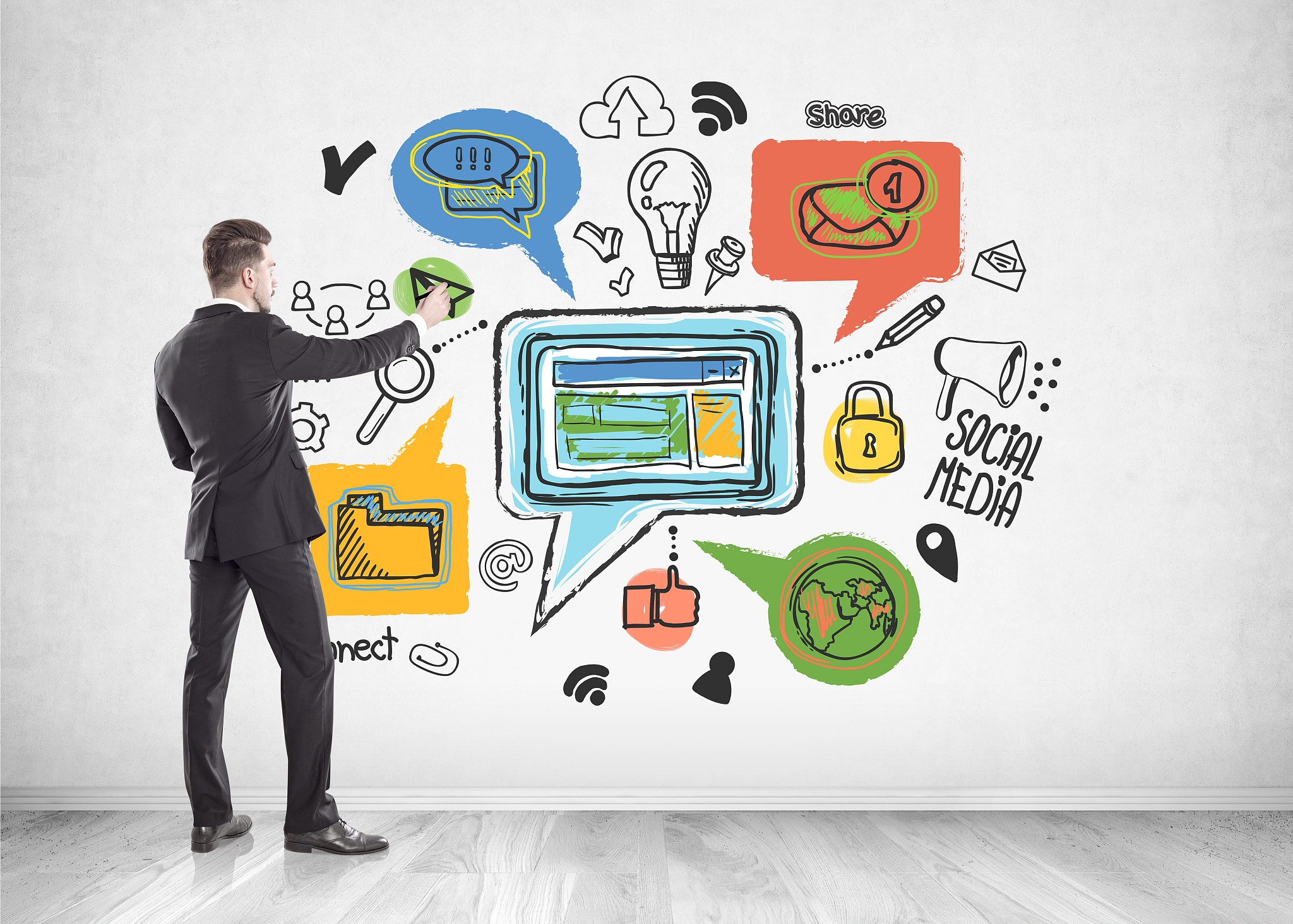 businessman drawing social media sketch