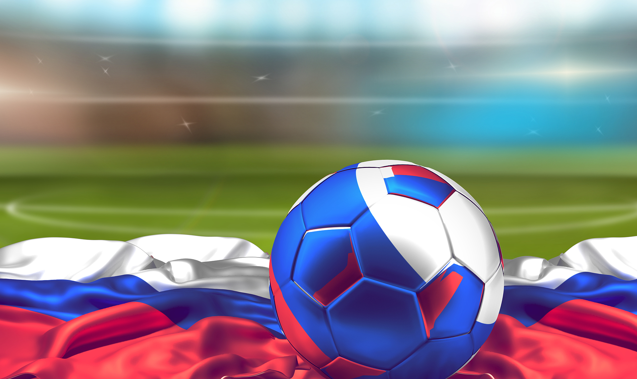 russian ball over flag of russia at soccer stadium. football 3d 
