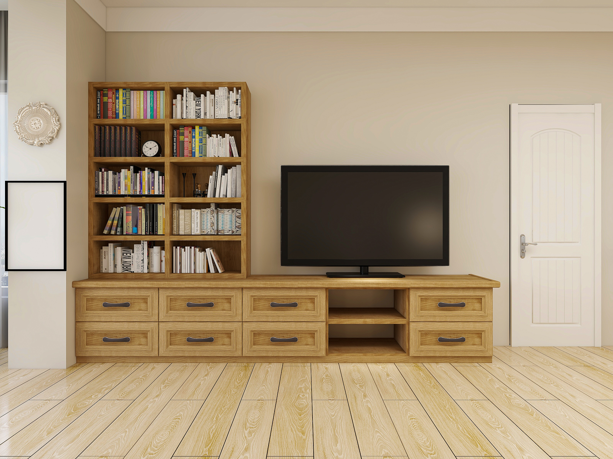 3d rendering, clean and tidy modern living room design, with sho