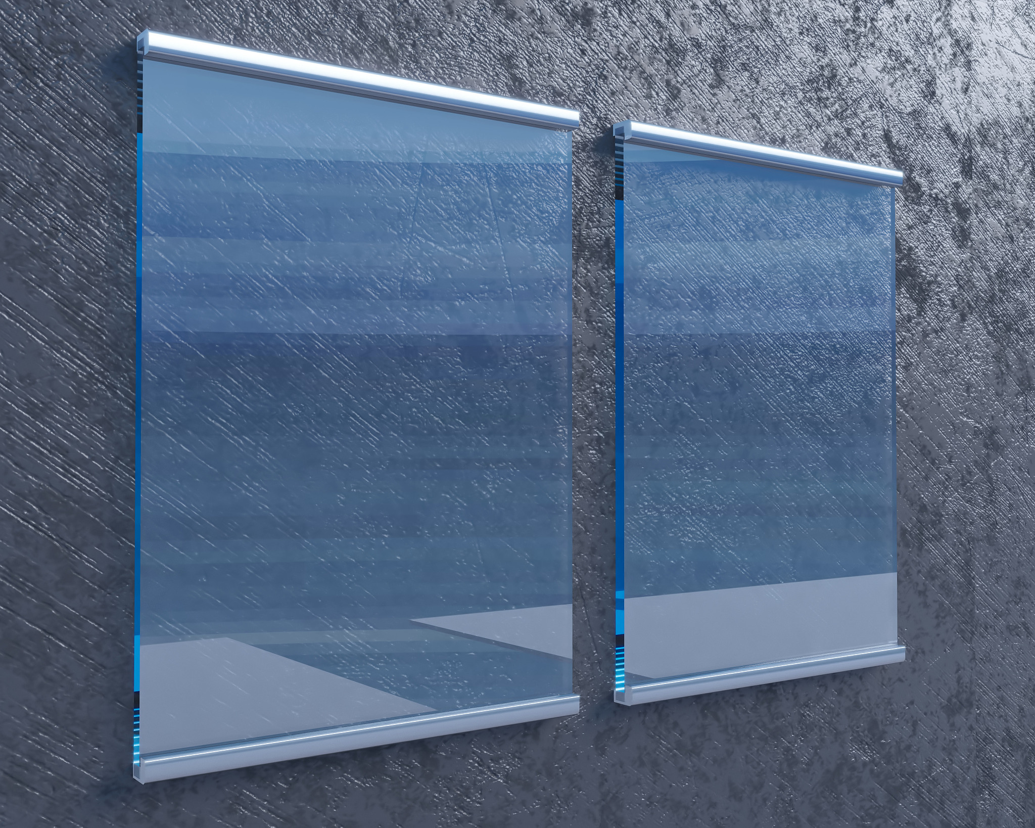 transparent signboard on concrete wall, mock up 3d illustration 