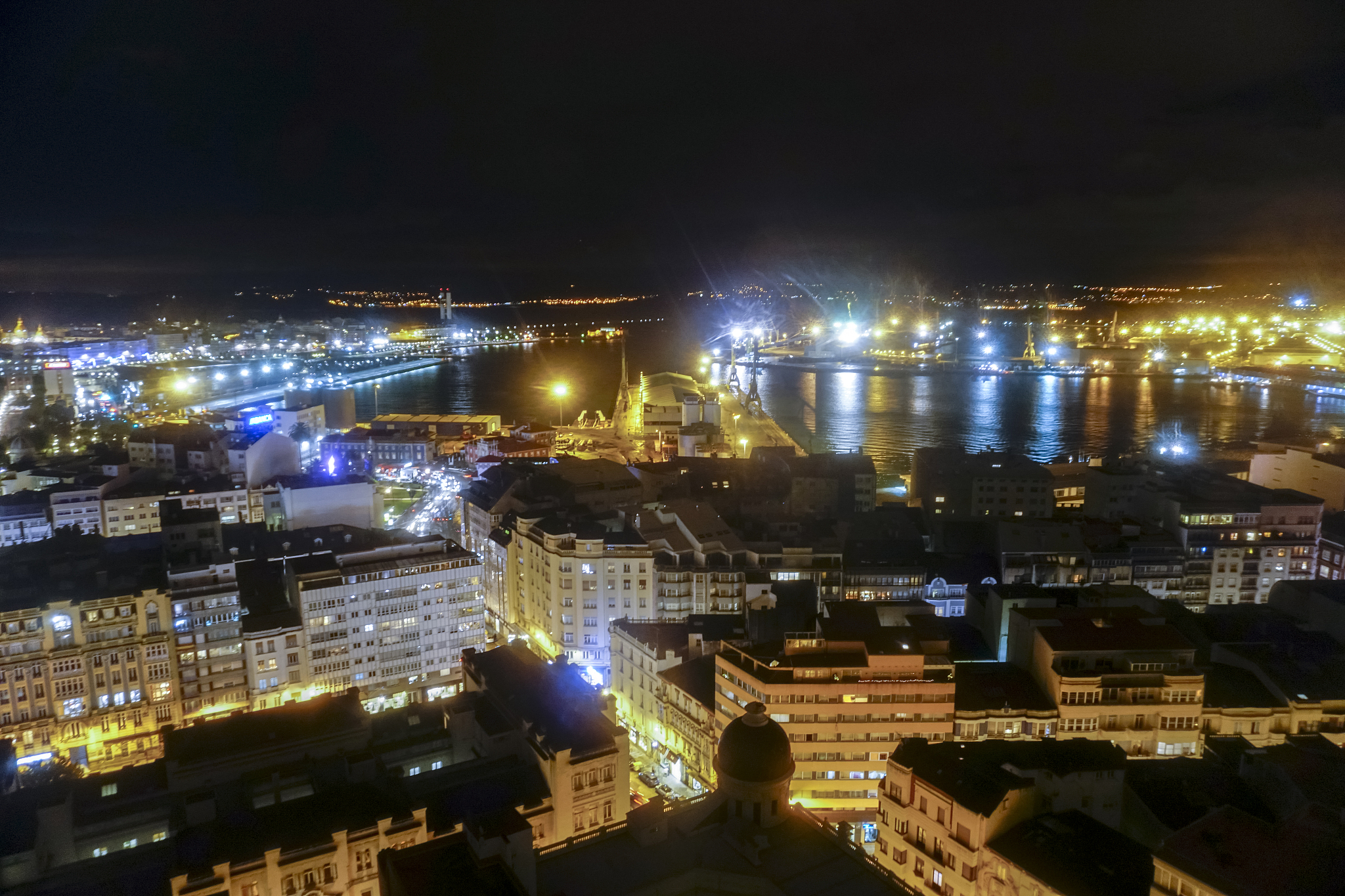 high angle view of a coruna at night