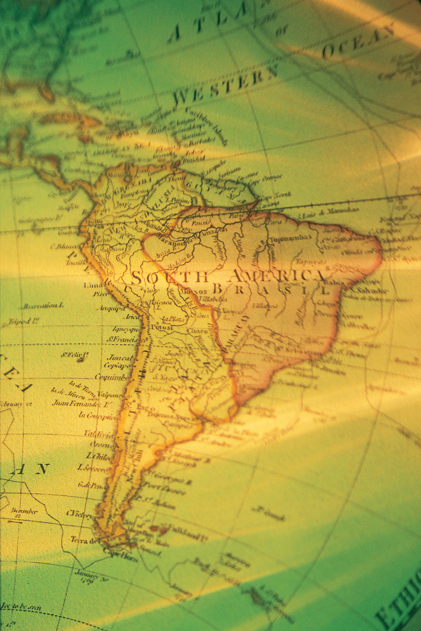 map of south america in green and yellow