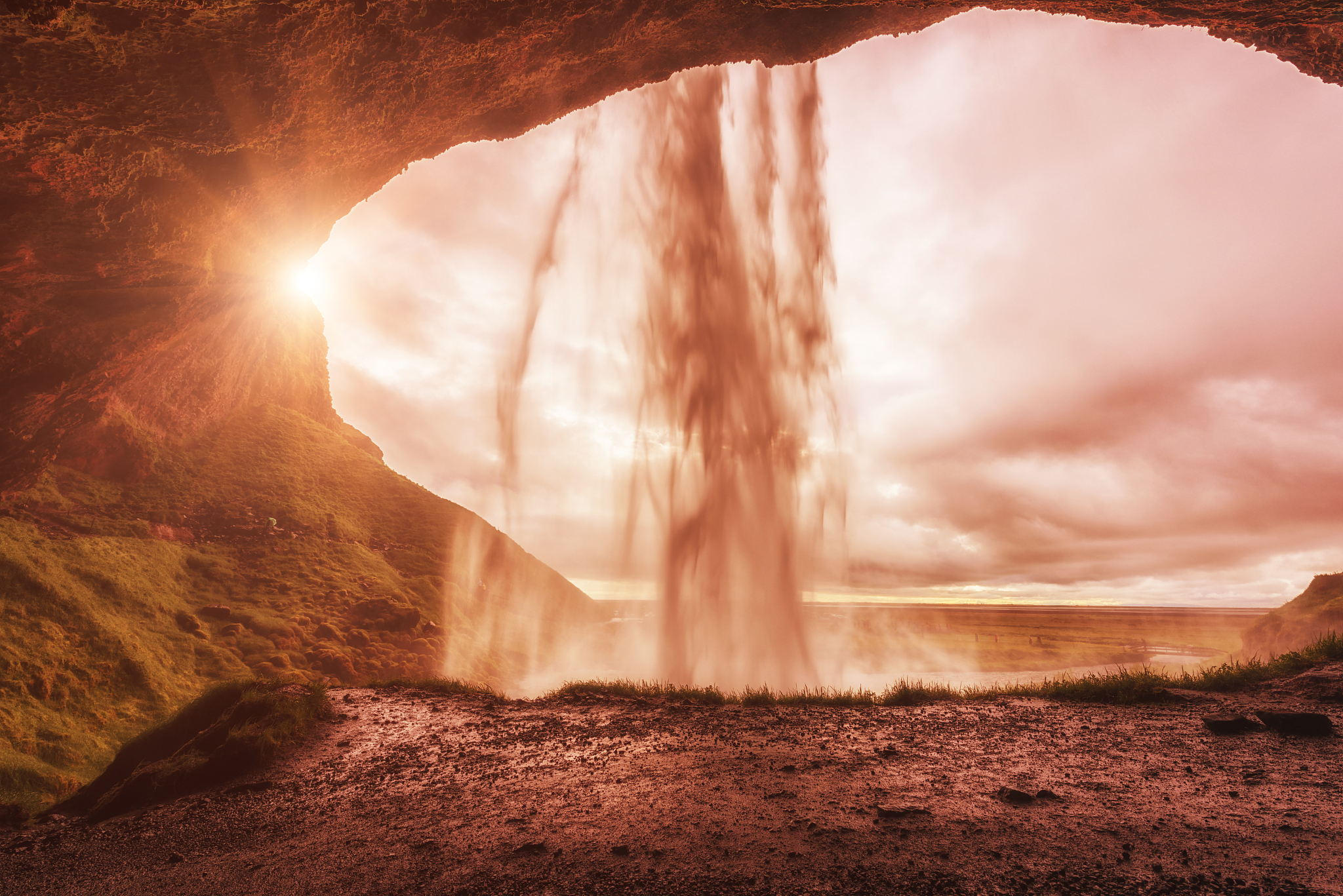 stunning seljalandsfoss waterfall, sunny autumn landscape, view 