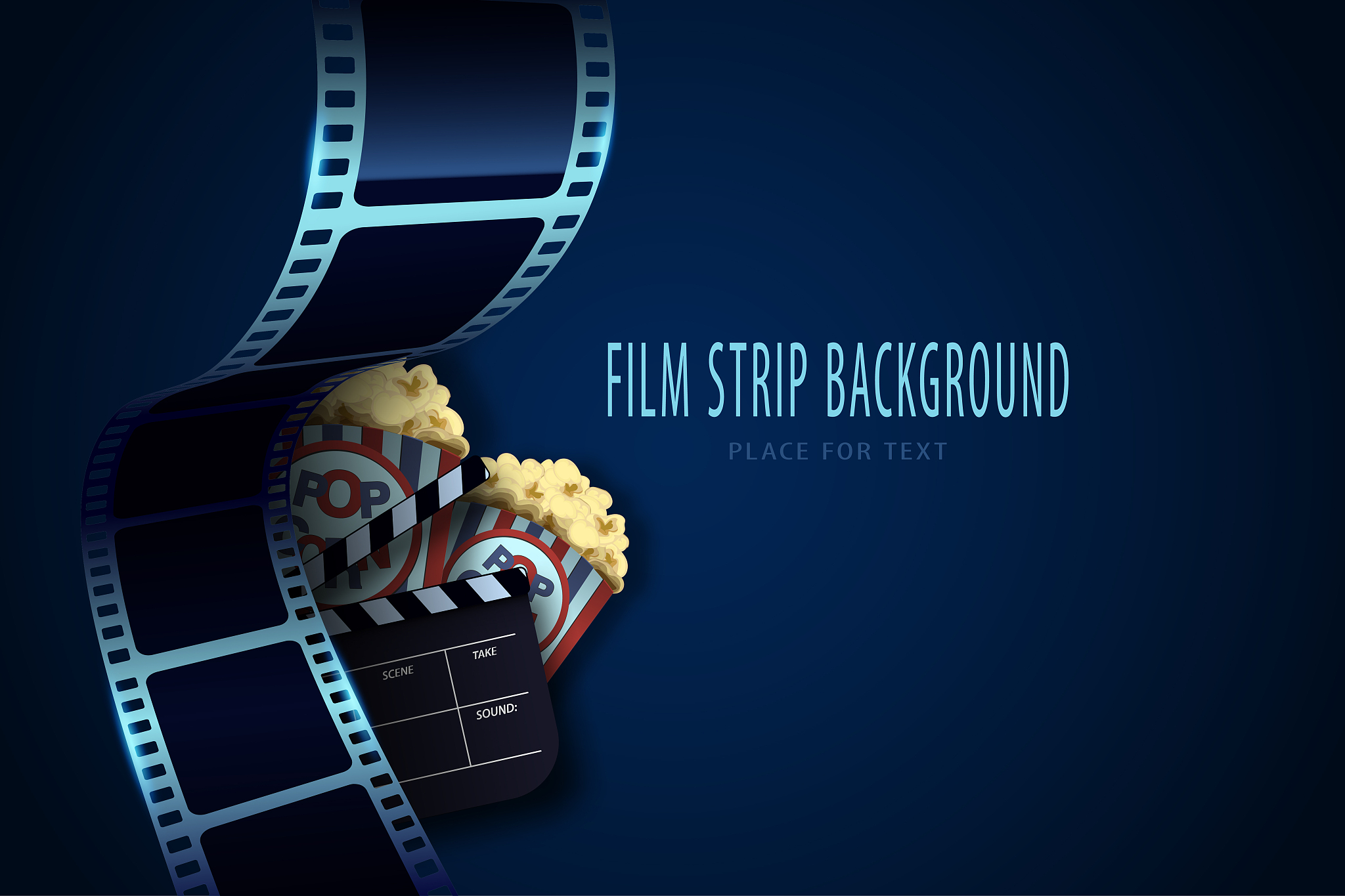 real film strips in waveform with popcorn box and clapper board.